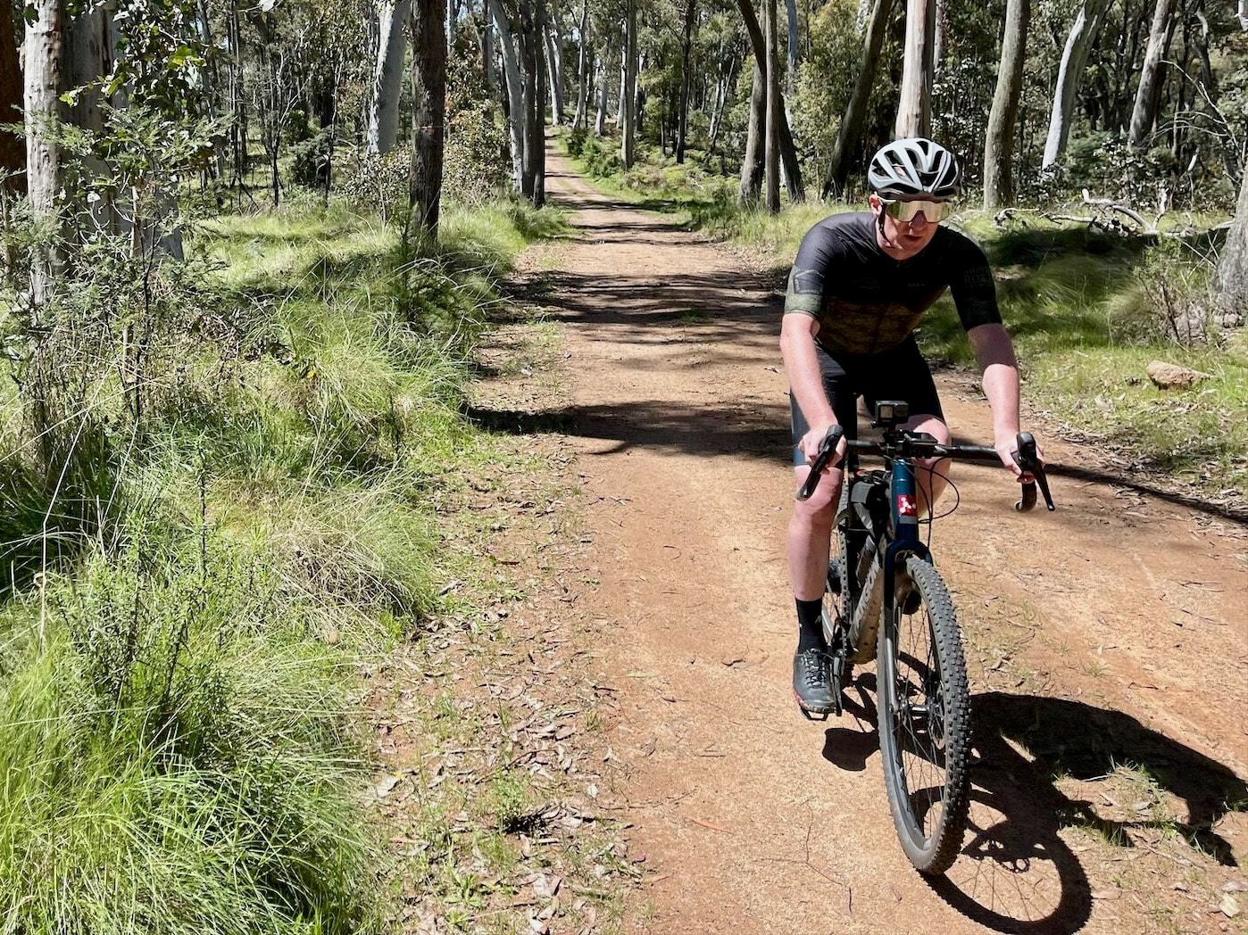 Cyclist riding on smooth gravel track winding through native bushland