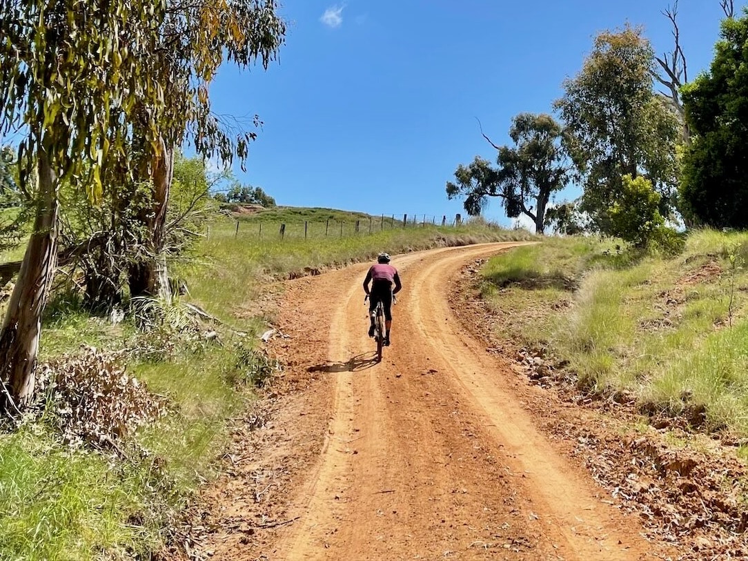 Cyclist climbing up a copper coloured smooth dirt road past native bushland on a bluesky day