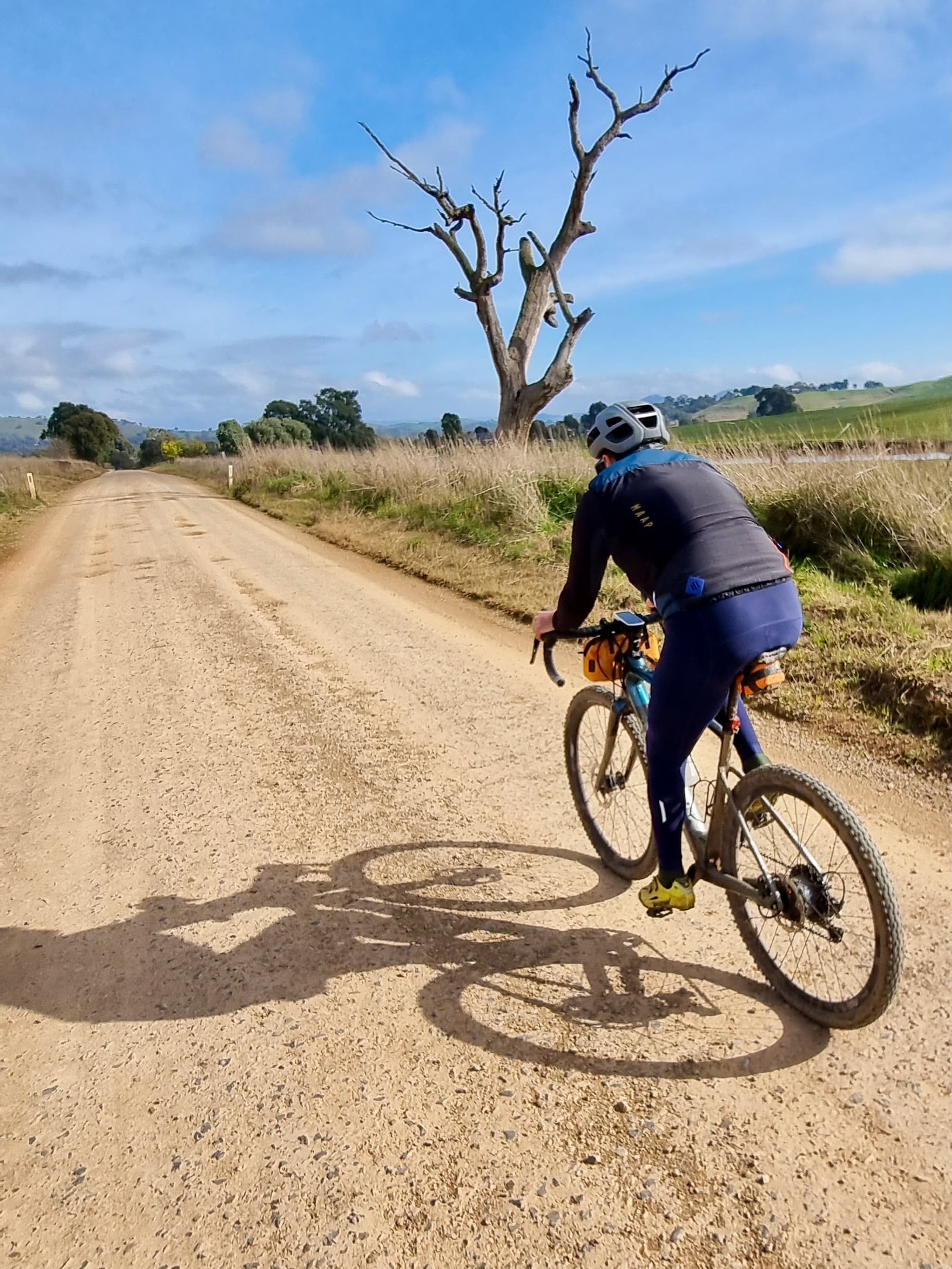 Cyclist riding through open farmland on a smooth gravel road with native trees in the background on a sunny day