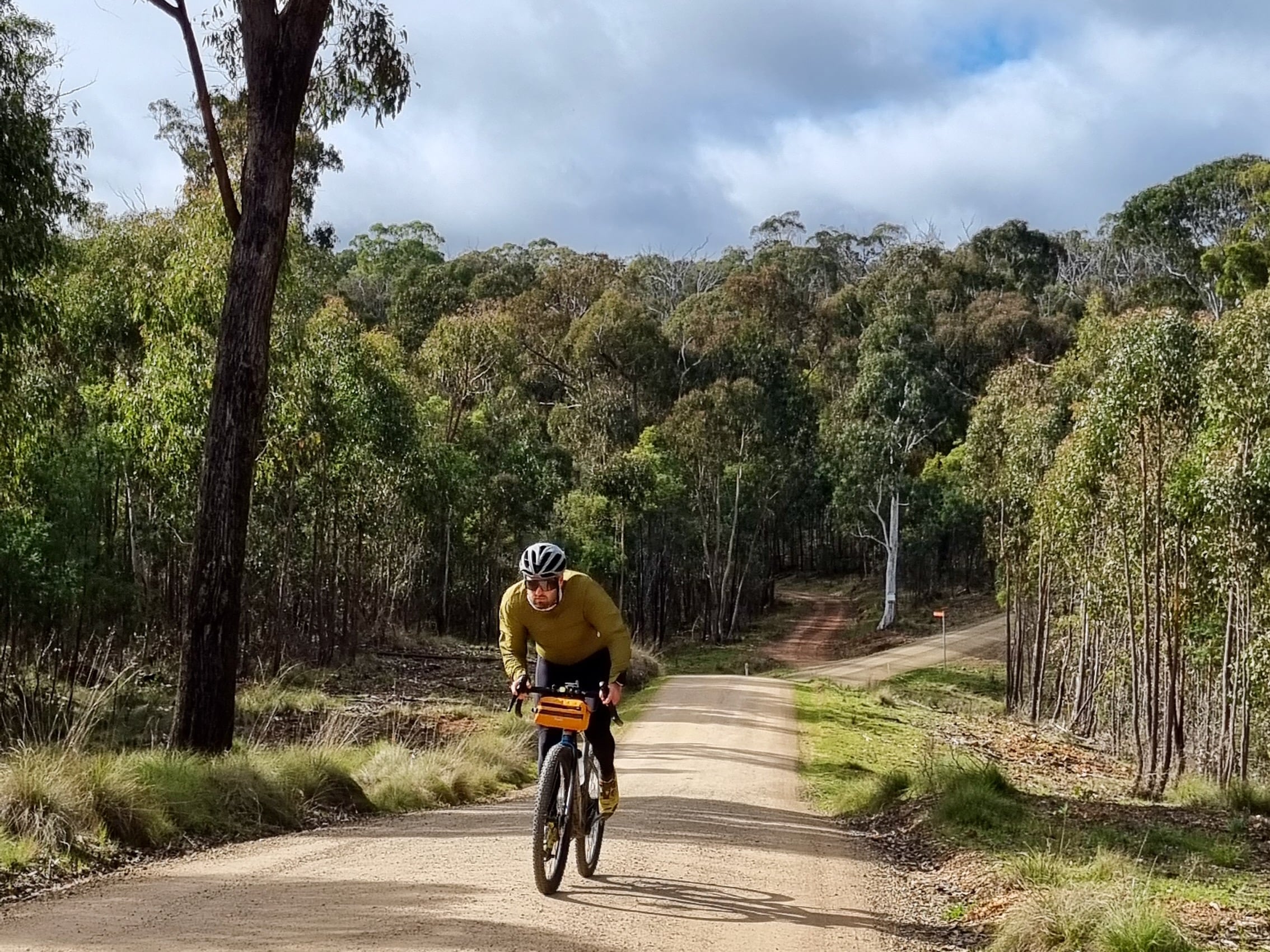 A cyclist riding on a smooth dirt road standing out of the saddle pedaling up a gentle hill