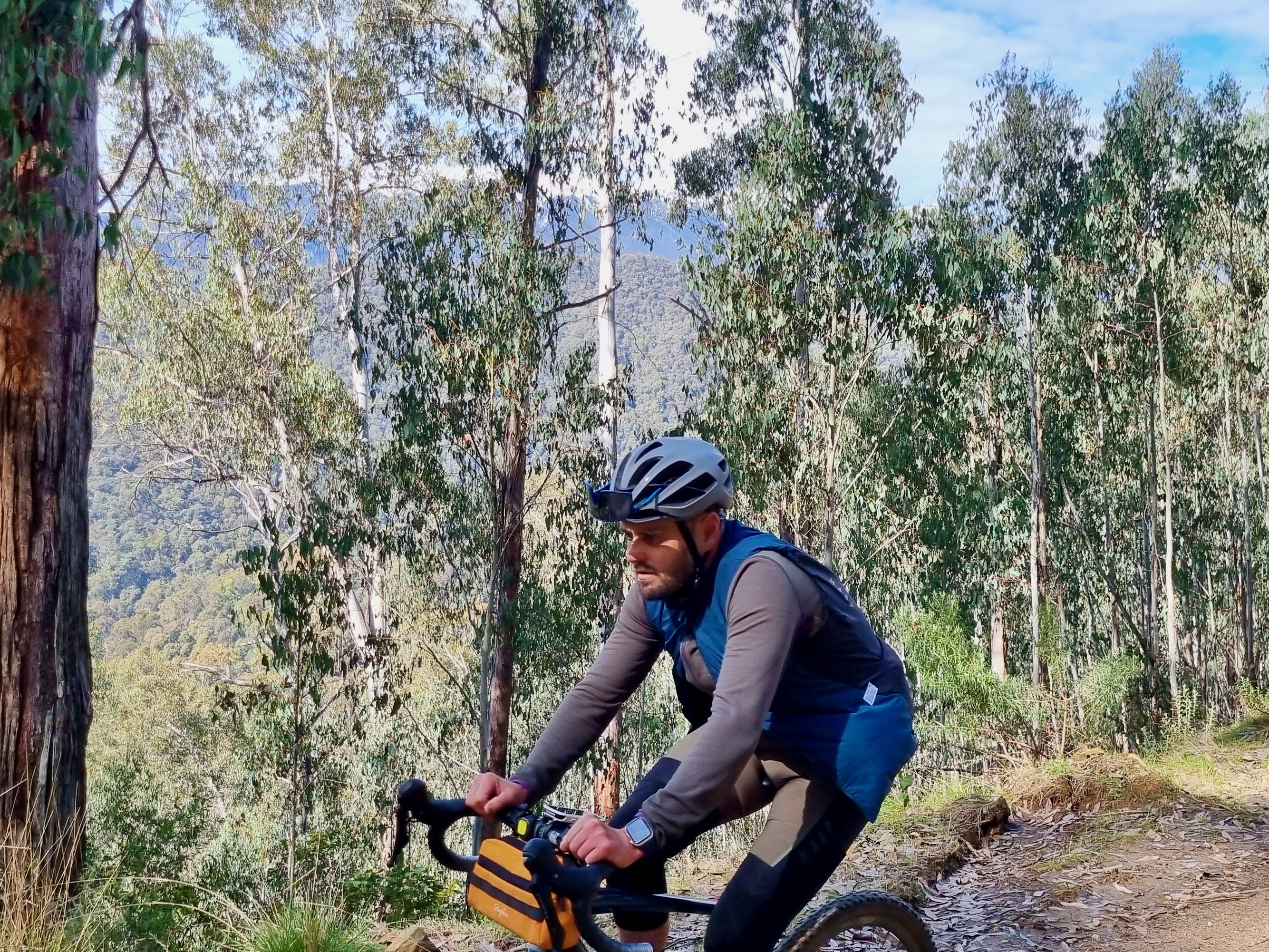 Cyclist gravel riding through native bushland with mountains in the background