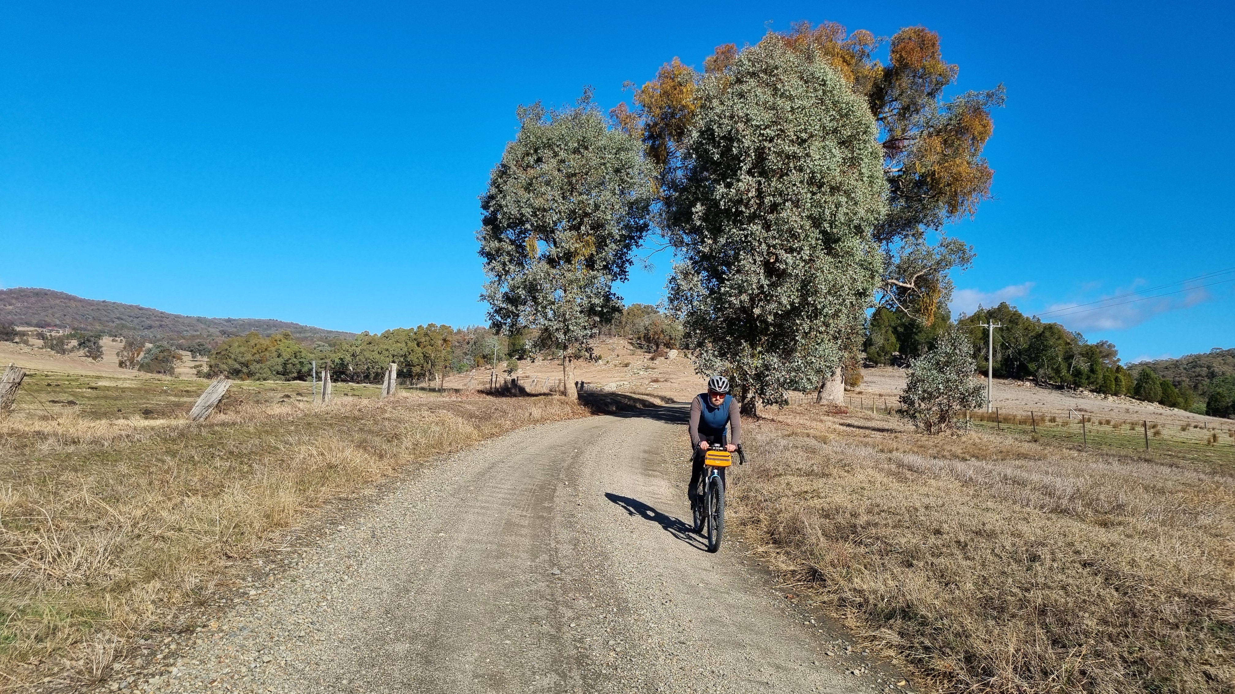 Pedalling past tranquil farmland on the Beechworth - Chiltern National Park Loop route