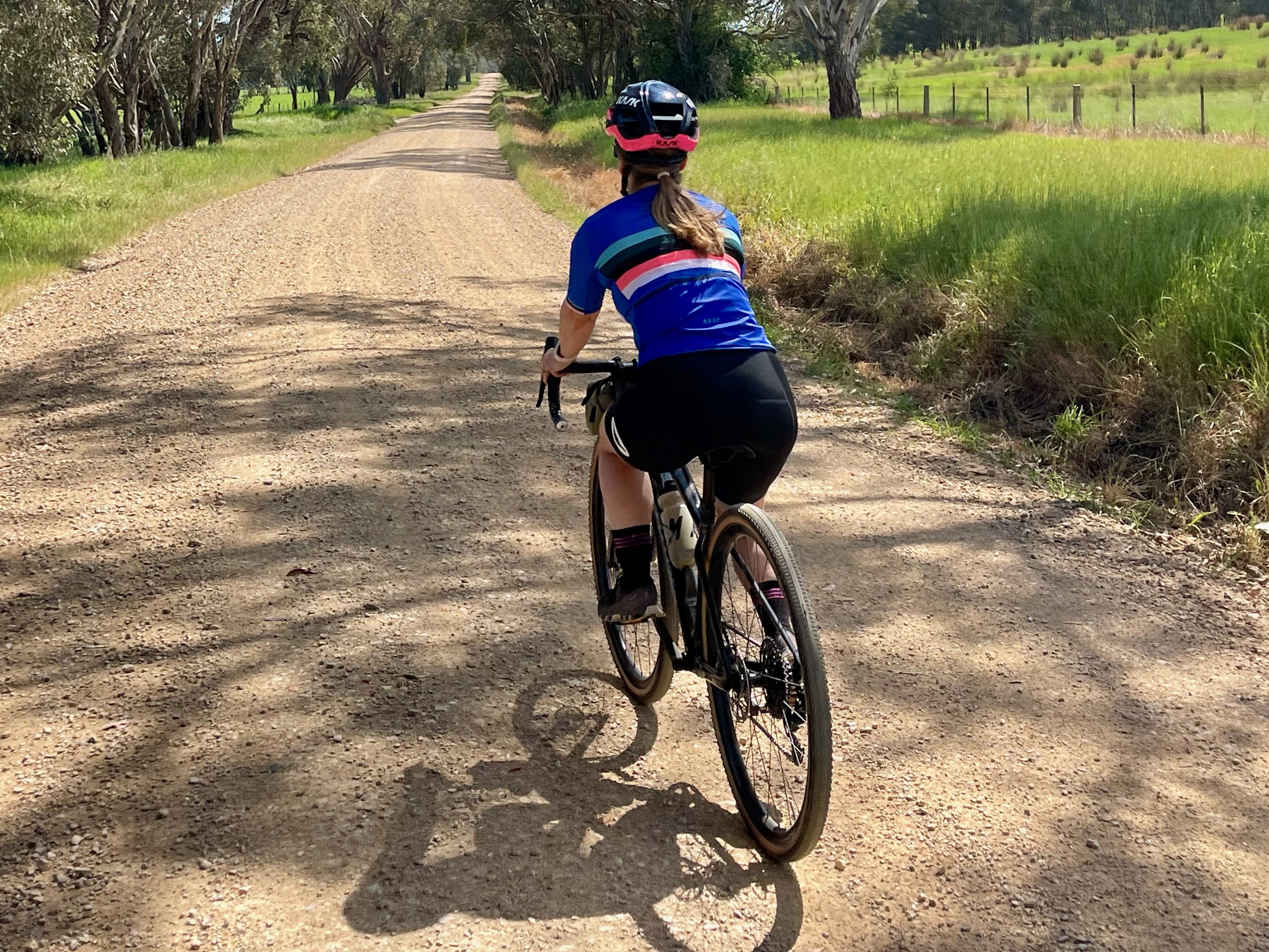 A female cyclist riding under blue skies on a smooth gravel road which is tree lined with native trees