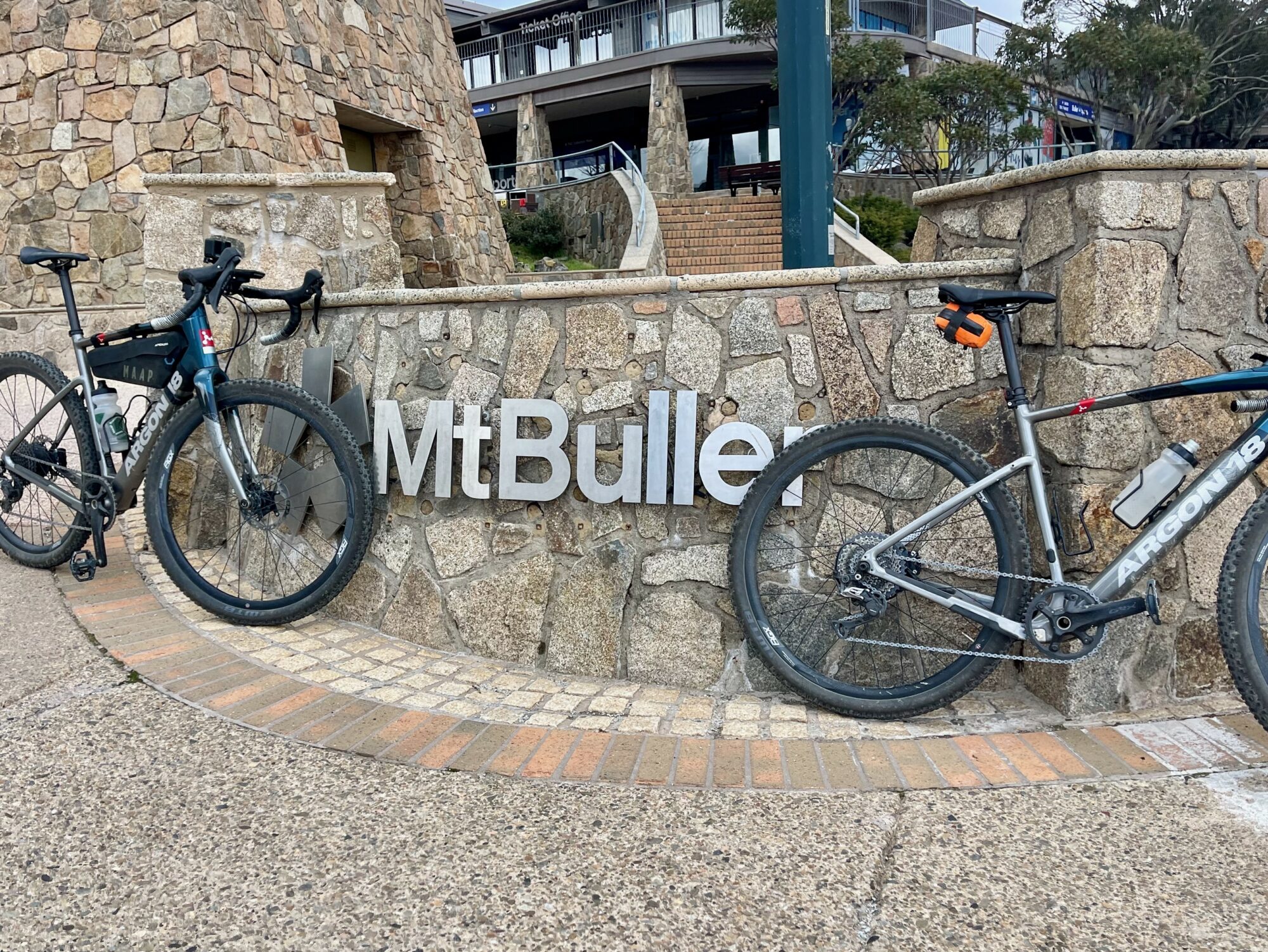 Gravel bikes at Mt Buller clocktower