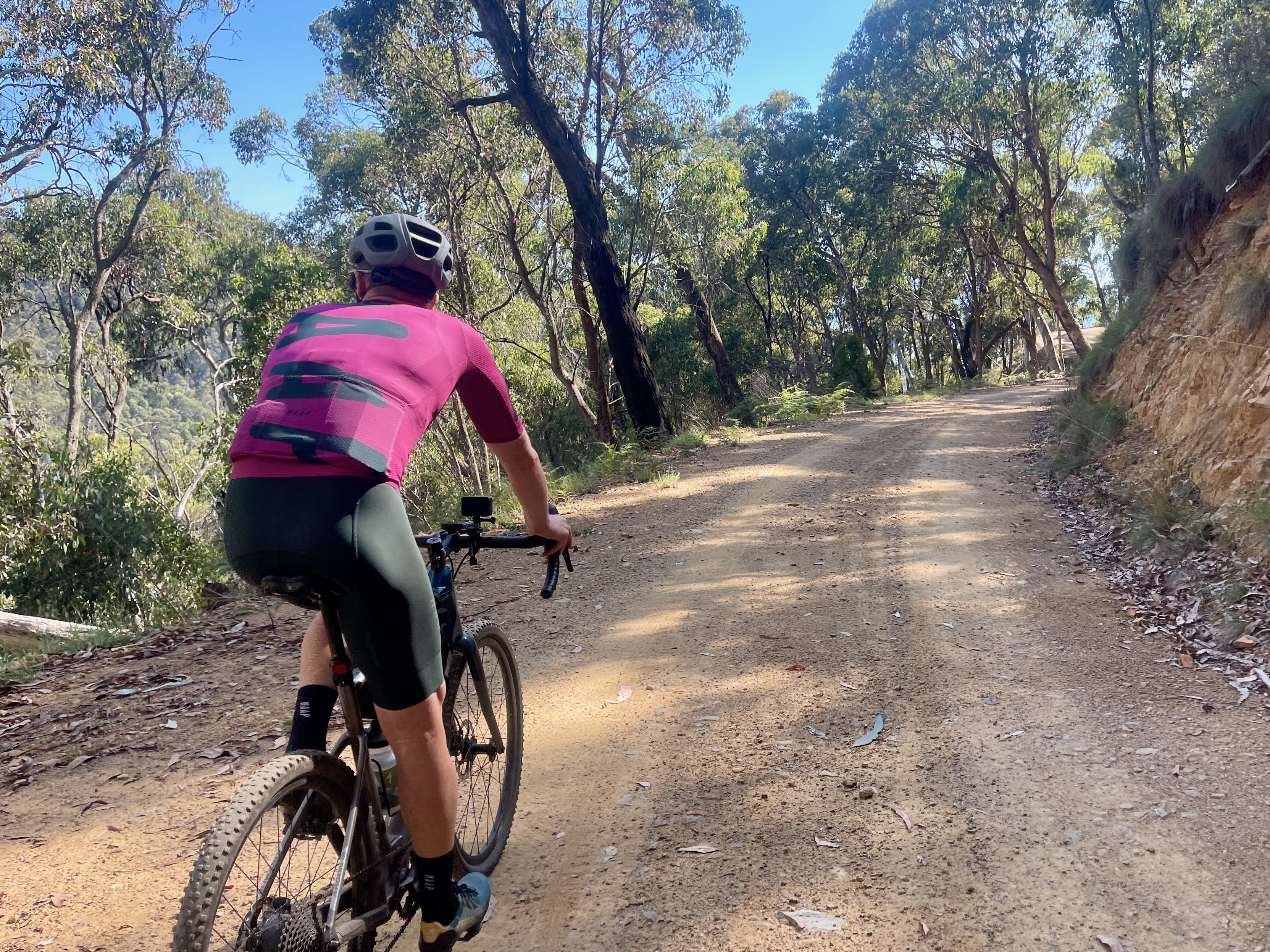 Cyclist riding on a smooth gravel road admiring the view through the native bushland 