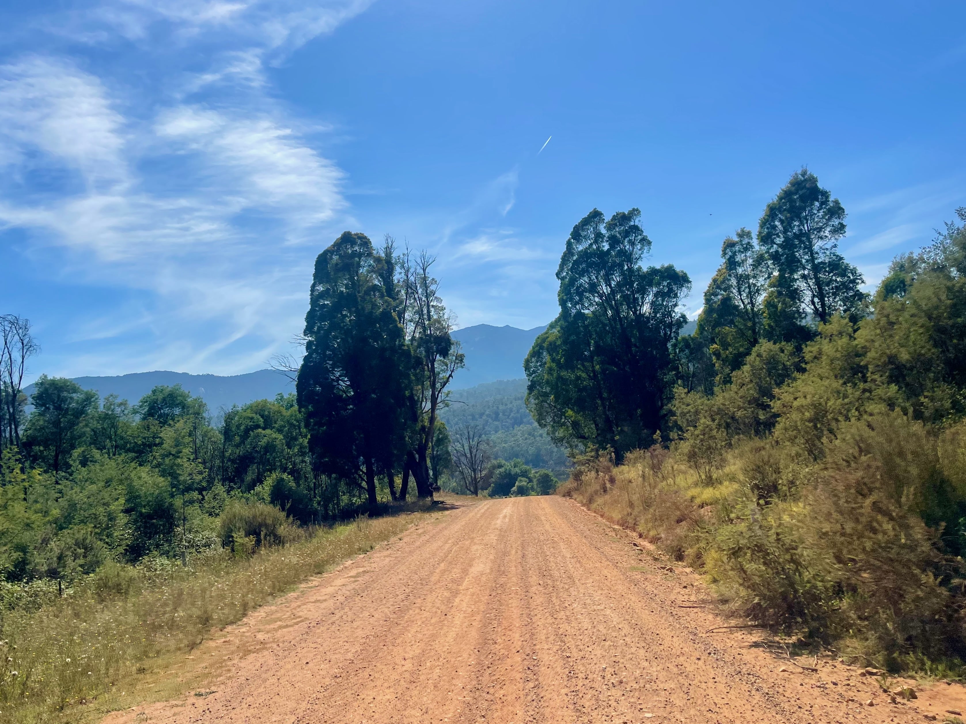 Quiet country gravel road in open farmland and mountains and forest in the background
