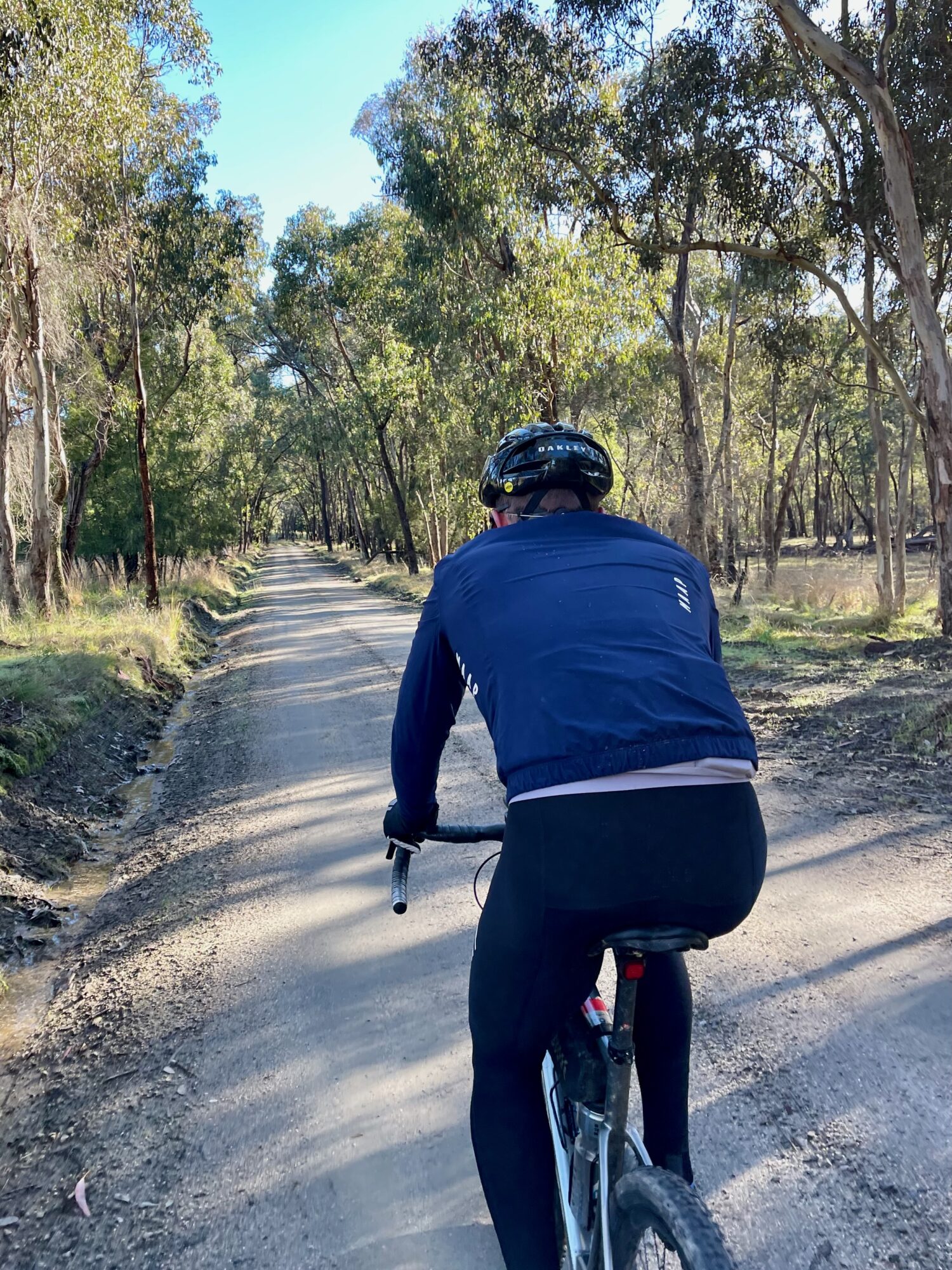 A cyclist riding on a smooth gravel road through native bushland