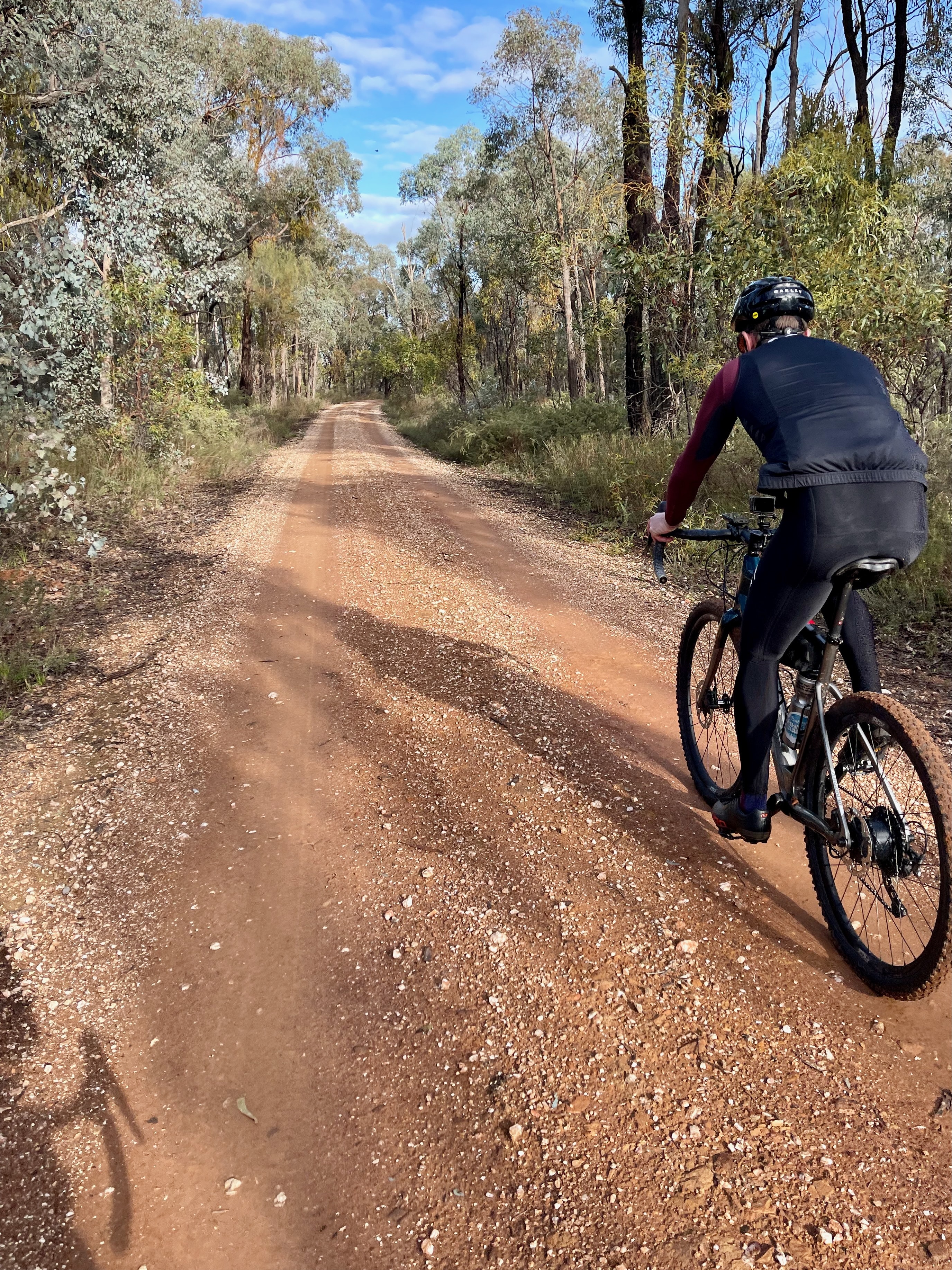 A cyclist riding on a smooth red dirt road with the sun at their back with shadows being cast across the road in native  bushland on a sunny day 
