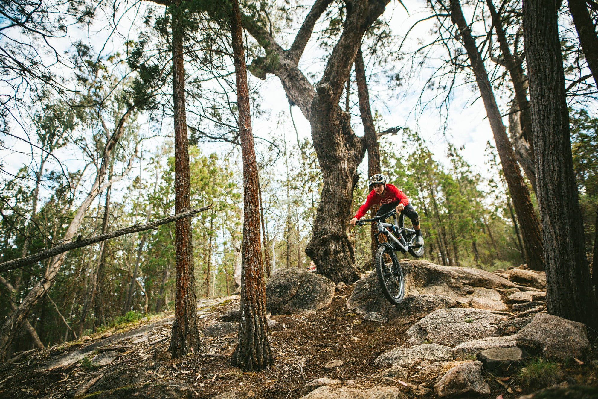 Cyclist rolling over a granite boulder at Beechworth Mountain Bike Park