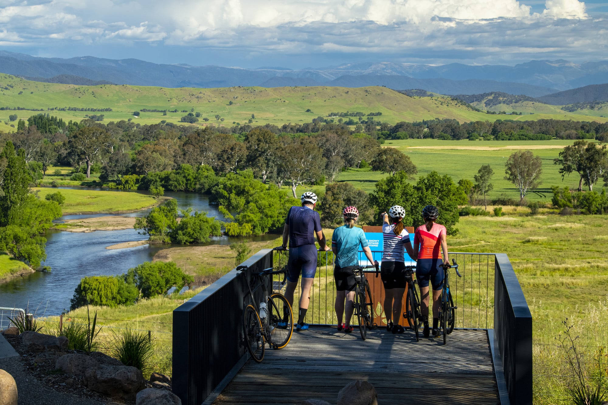 Cyclist enjoying the view at Farans Lookout in Upper Towong near Tintaldra