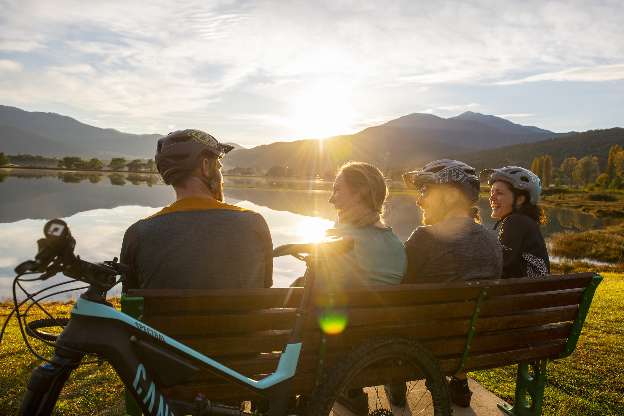 Riders cycling around Mount Beauty Pondage