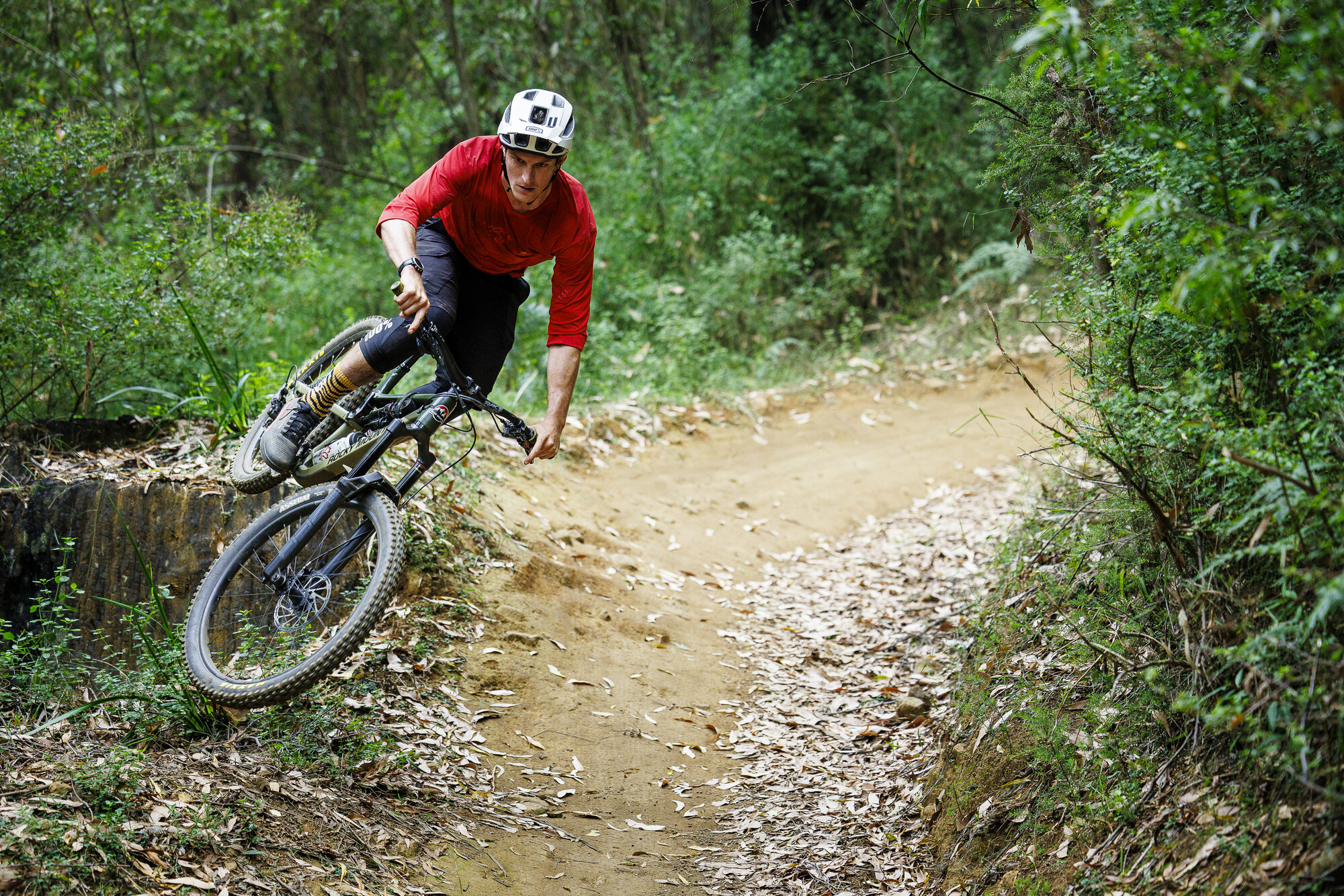 Cyclist riding berms through forest at Lake Mountain Bike Park