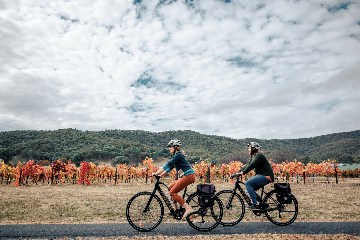 Two women riding bicycles along a bike path next to an autumnal vineyard with forested hills in the background.