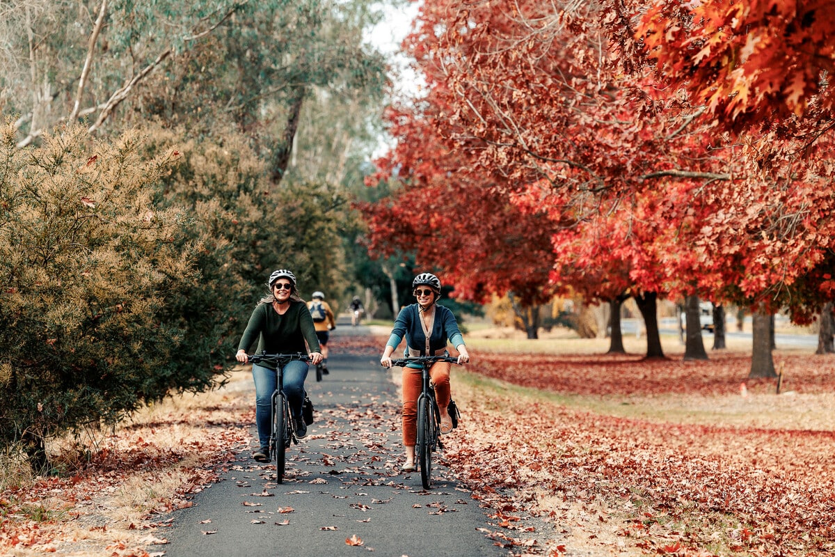 Two women riding bikes along a sealed path alongside stunning red autumnal trees