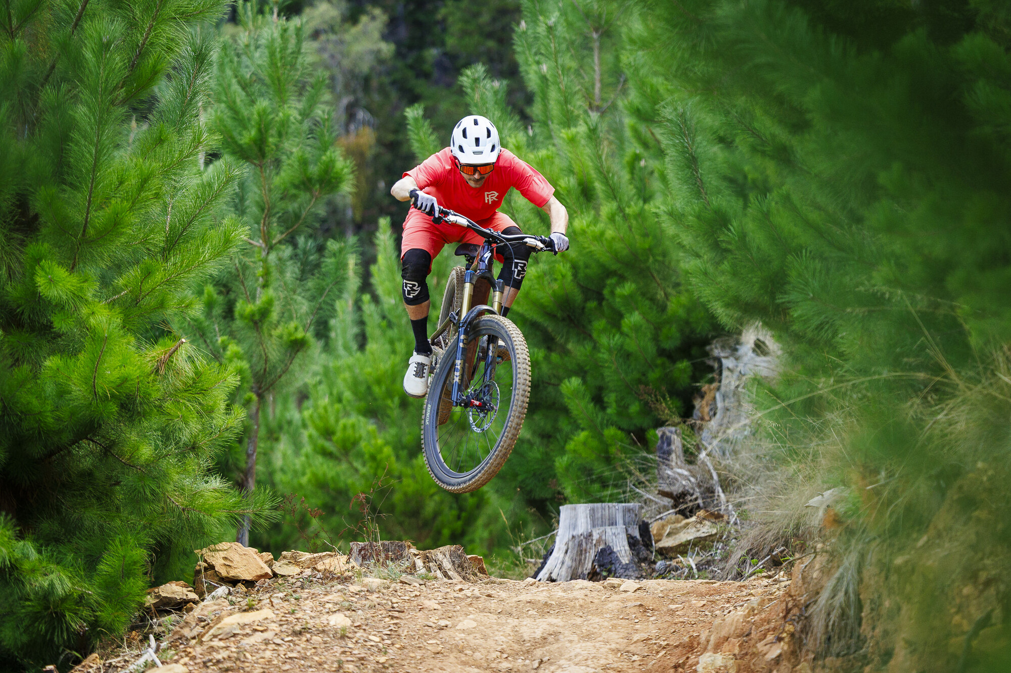 Cyclist jumping on a flow trail at Mystic Bike Park