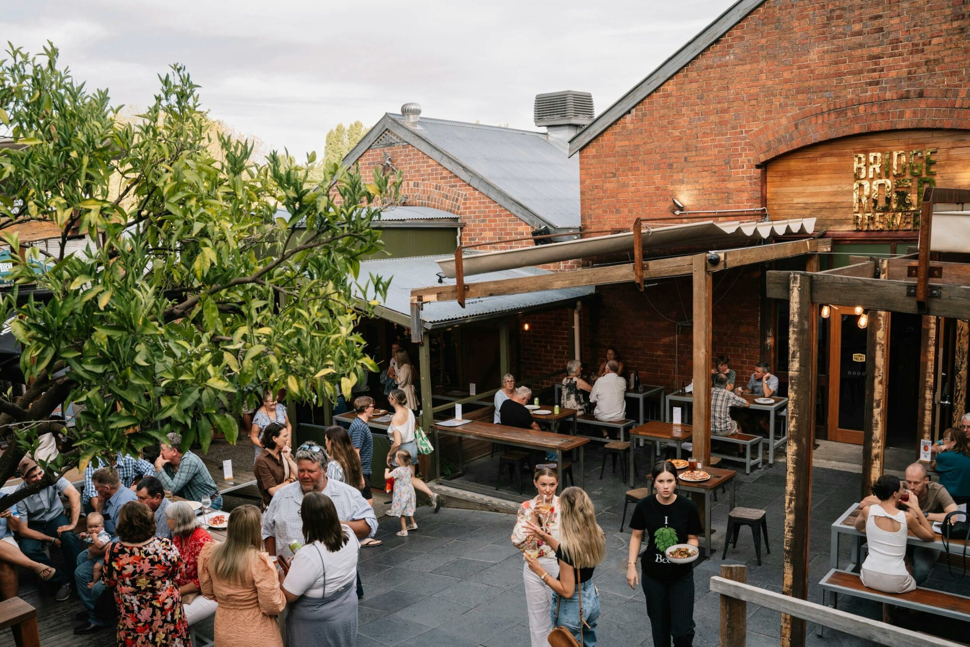 High view of the beer garden full of people