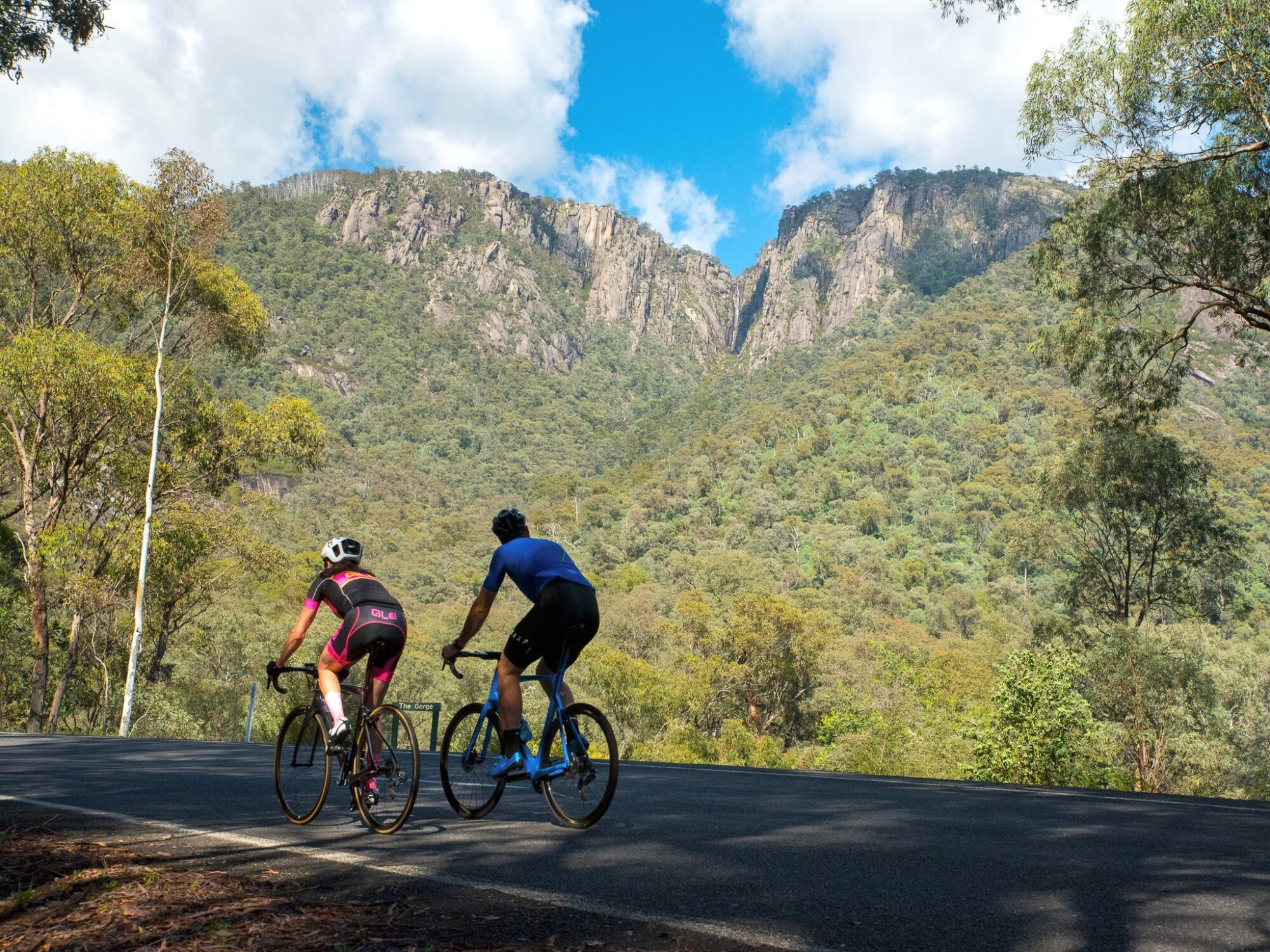 Two road cyclists starting the climb up Mount Buffalo, looking up at The Gorge
