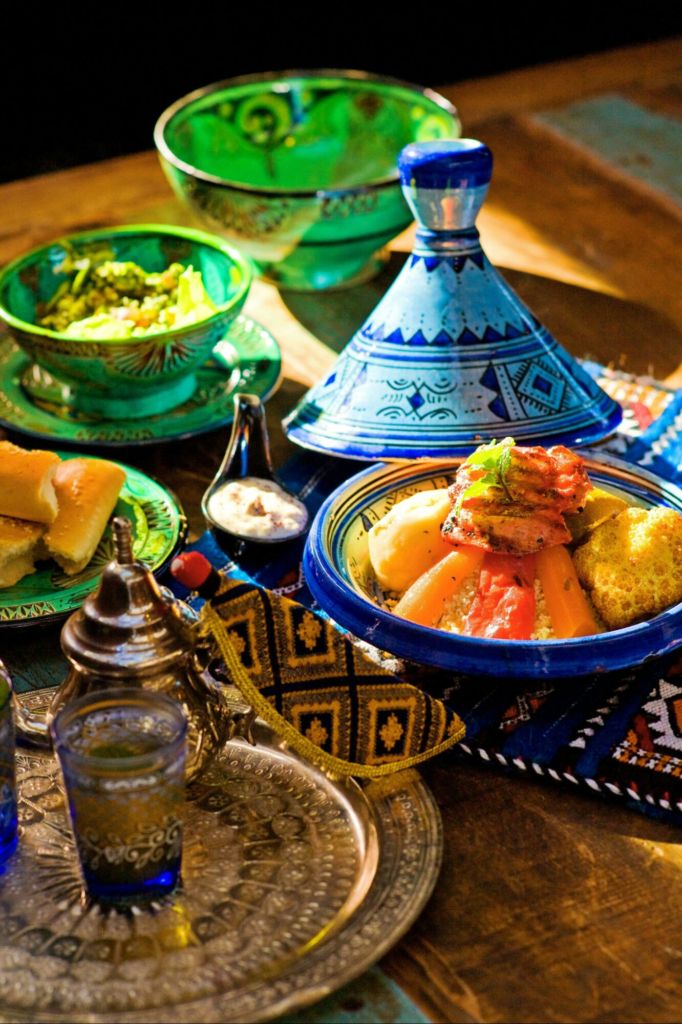 Display of Moroccan dishes, tagine and teapot