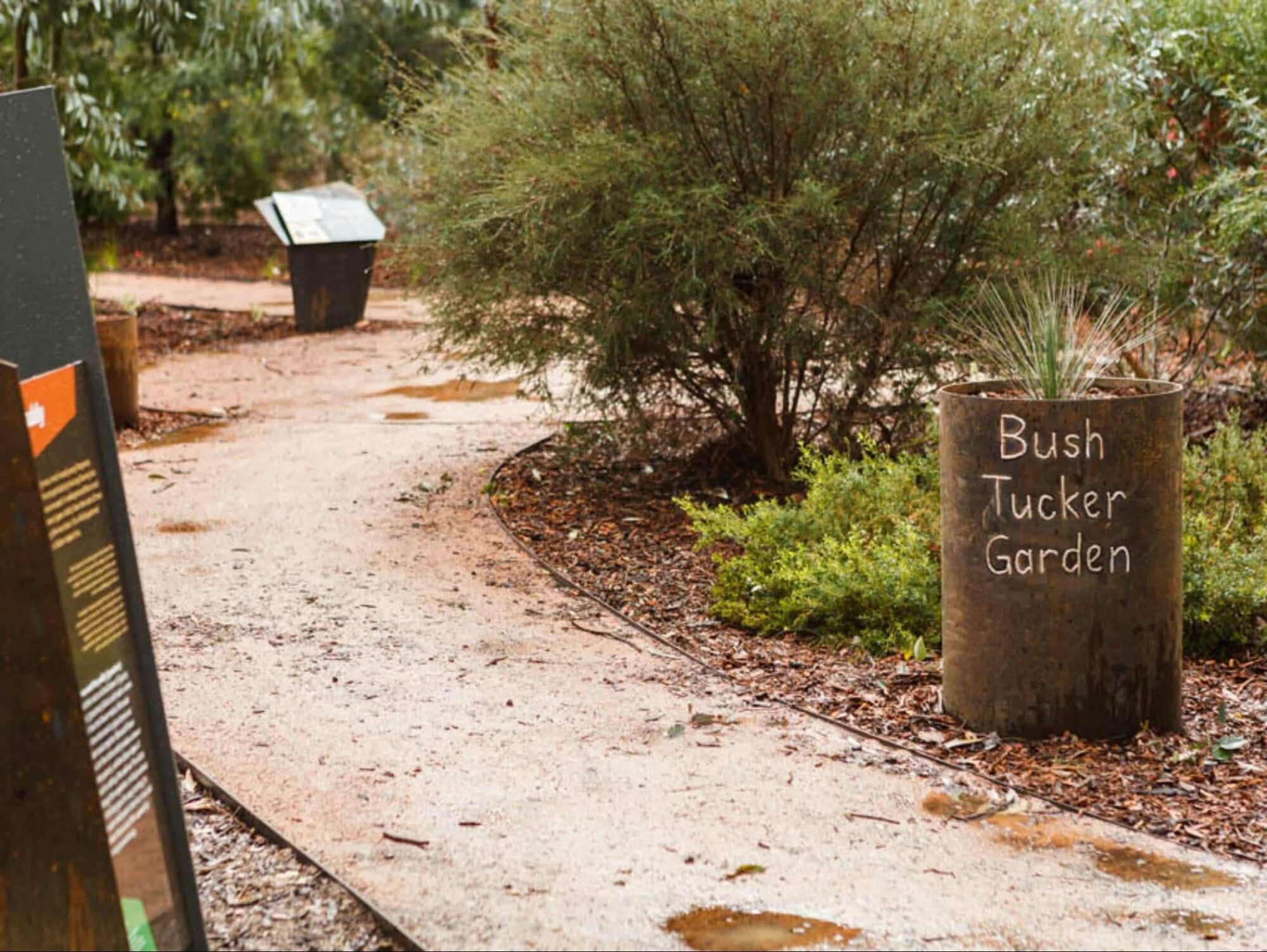 Bush Tucker Garden sign and entrance, dirt track, native plants and trees
