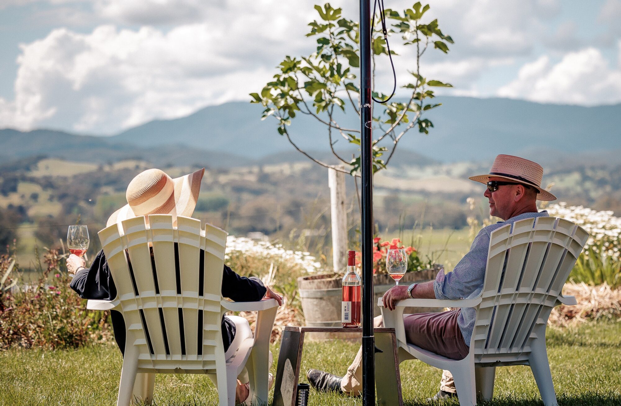 A woman and a man overlooking the King Valley having a glass of wine.