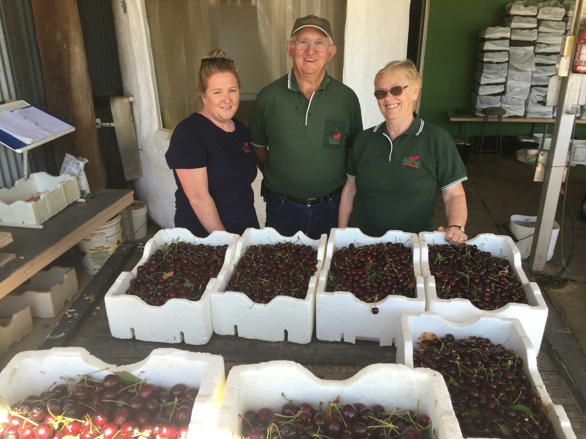 Bill, Lois & Tammi with boxes of cherries in the packing shed