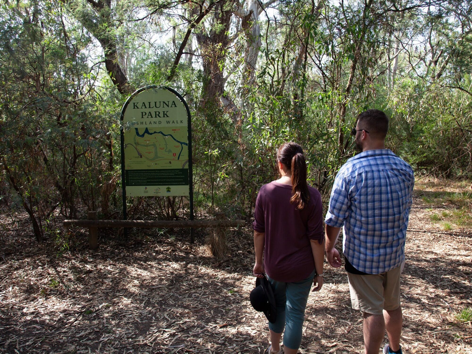 path, interpretive signage, map of walks, trees, native plants, people looking at sign