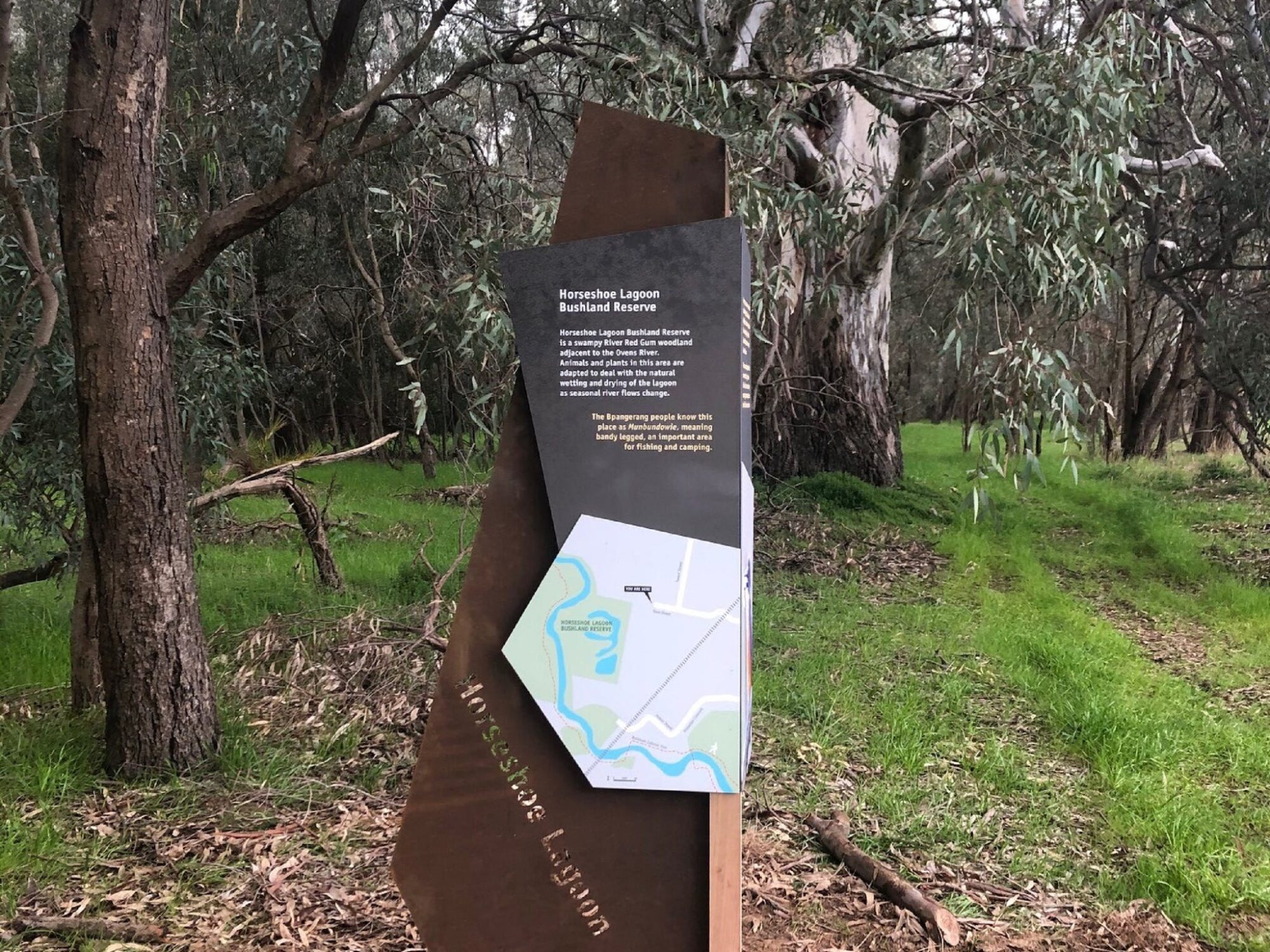 Directional sign showing map and giving information on the reserve, green grass, river red gums,