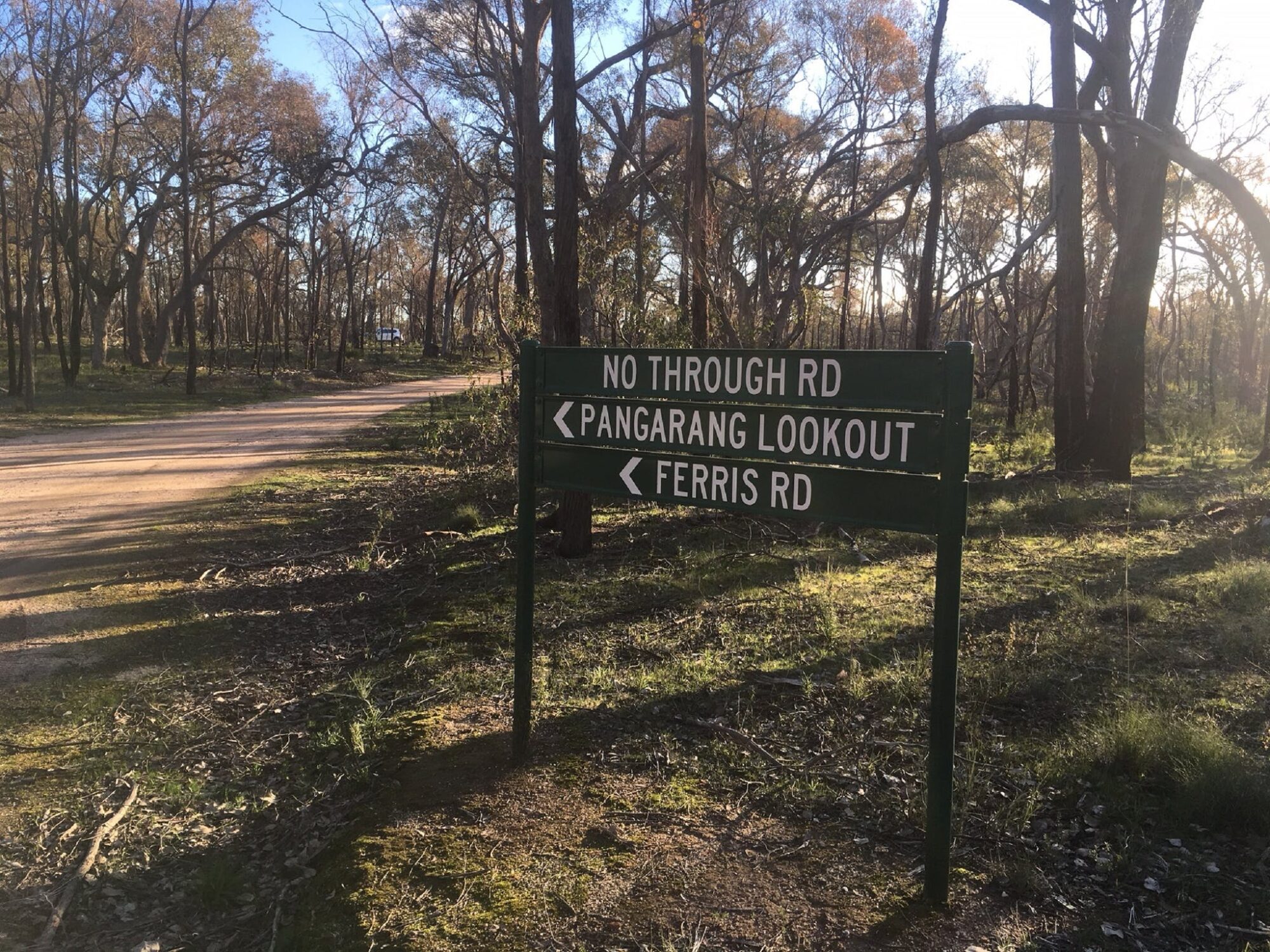 Sign showing direction of walk, dirt driving track, trees lining side of road, sunny day.