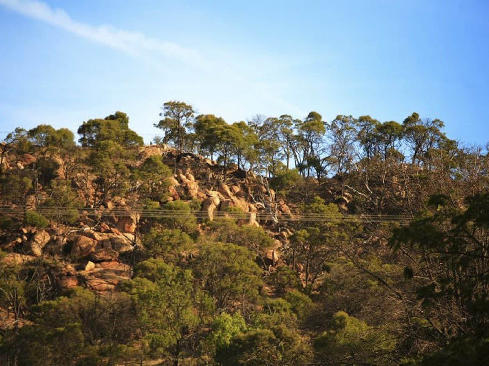 rocky hill with trees scattered over ridge, blue sky
