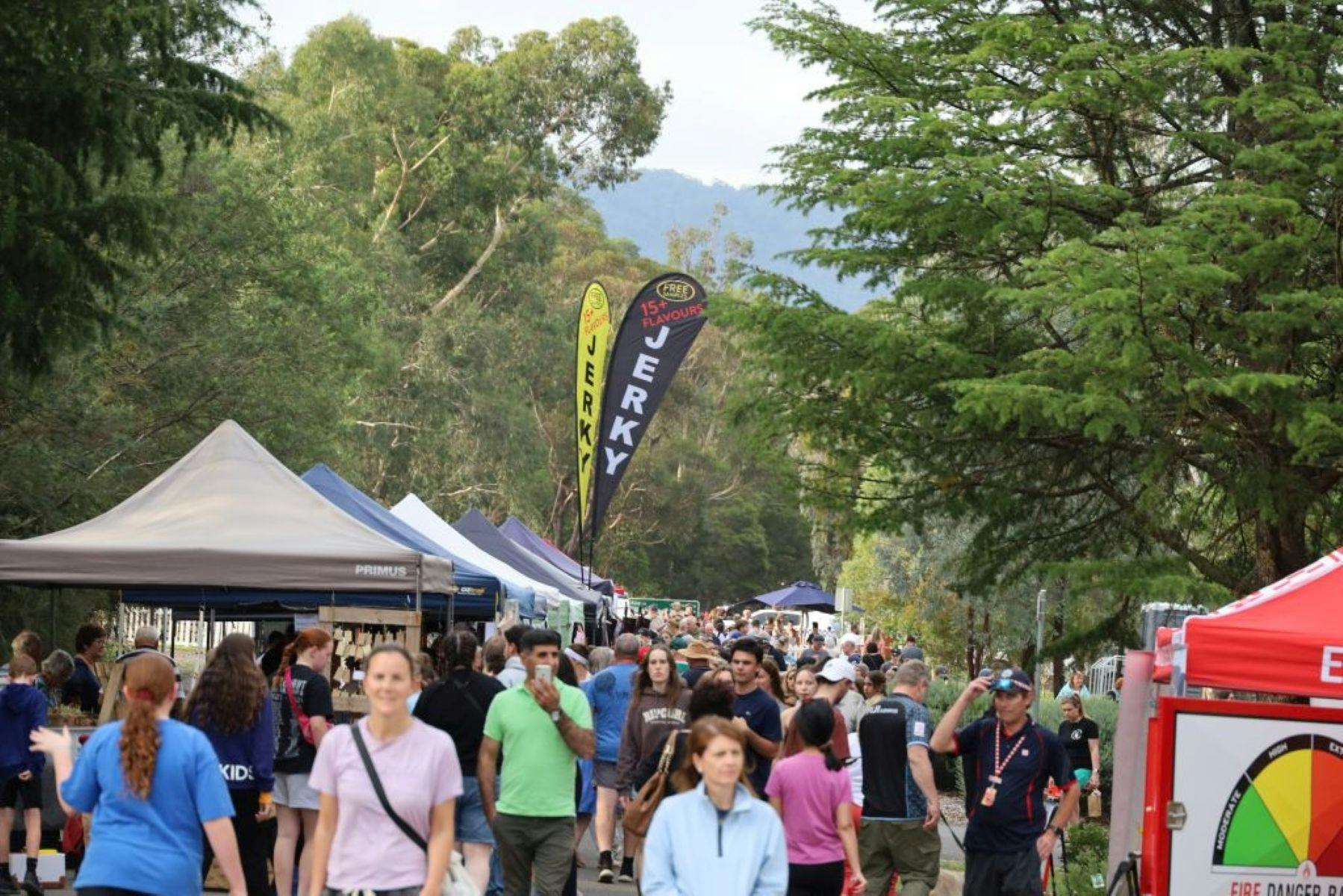 a group of people walking around an open air market in bushlands with hills in the background