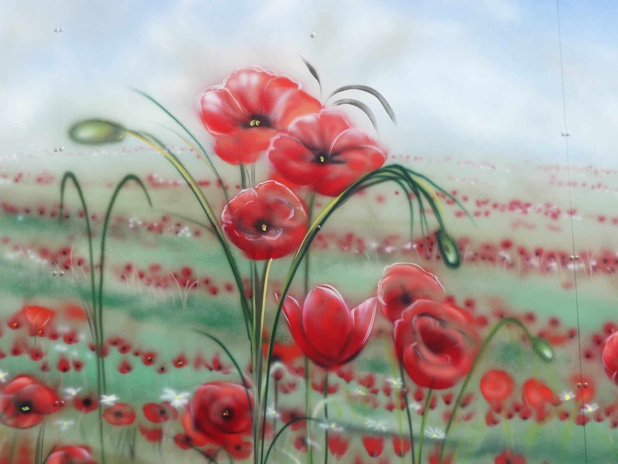 Close up of painted poppies in the mural for Anzac and Everyone