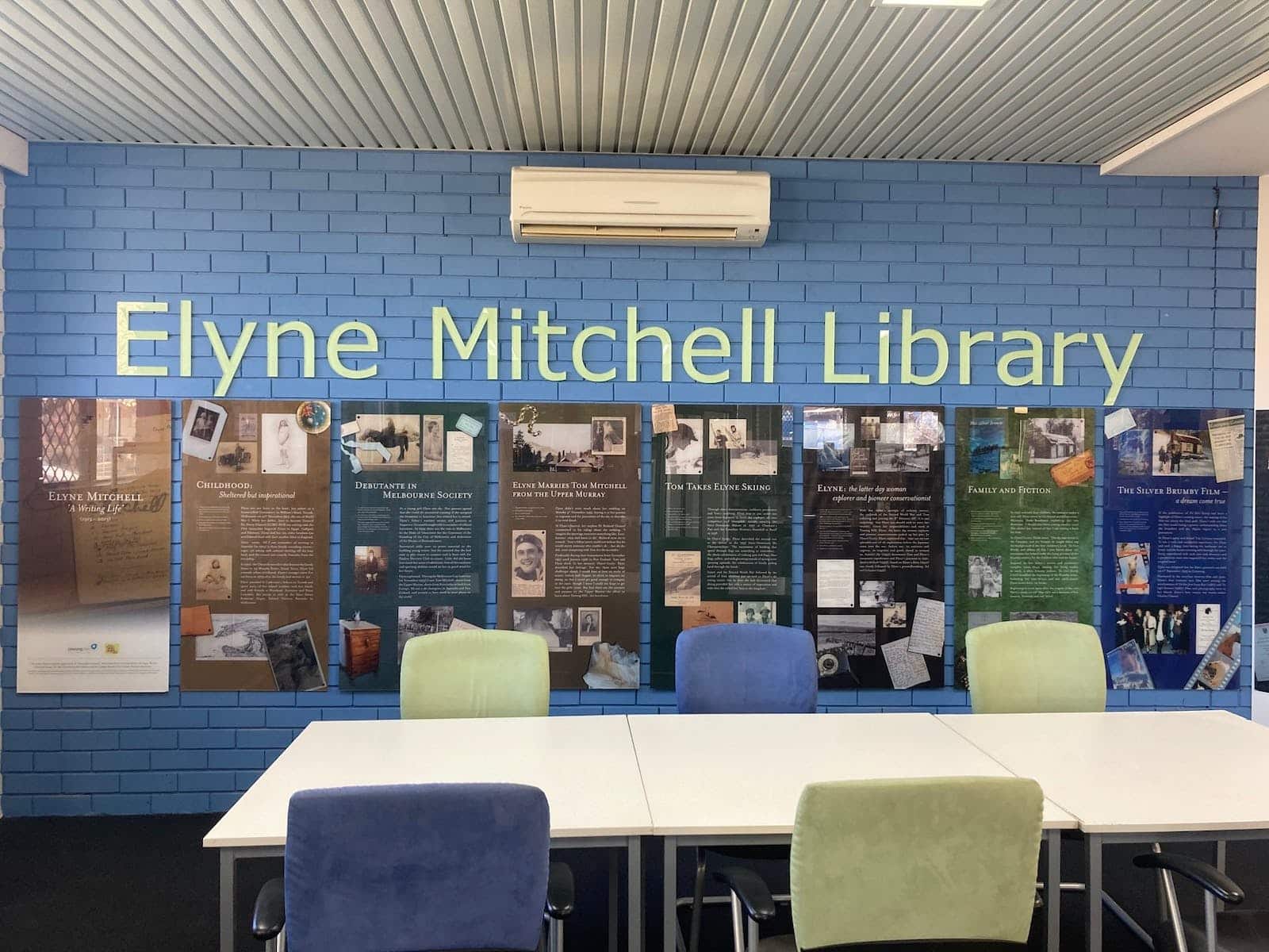 Display panels on Elyne Mitchell inside the Corryong Library and Council Office