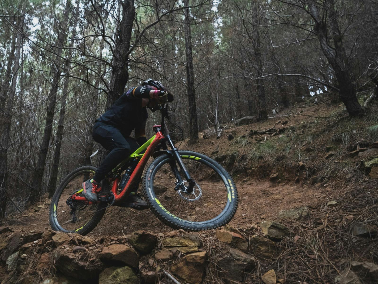 A rider on a red and yellow bike turns a corner up a hill in a dark forest.