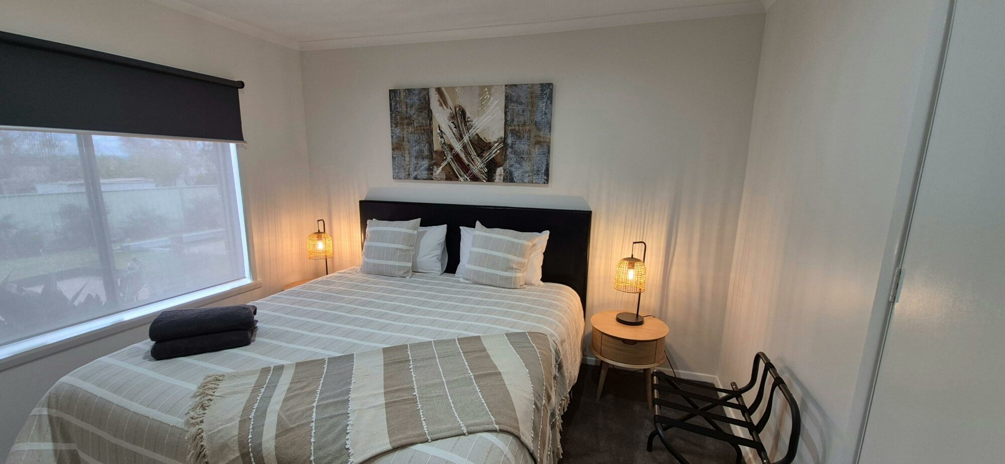 King size bed, smart tv, heating and cooling, block out blinds, luggage rack