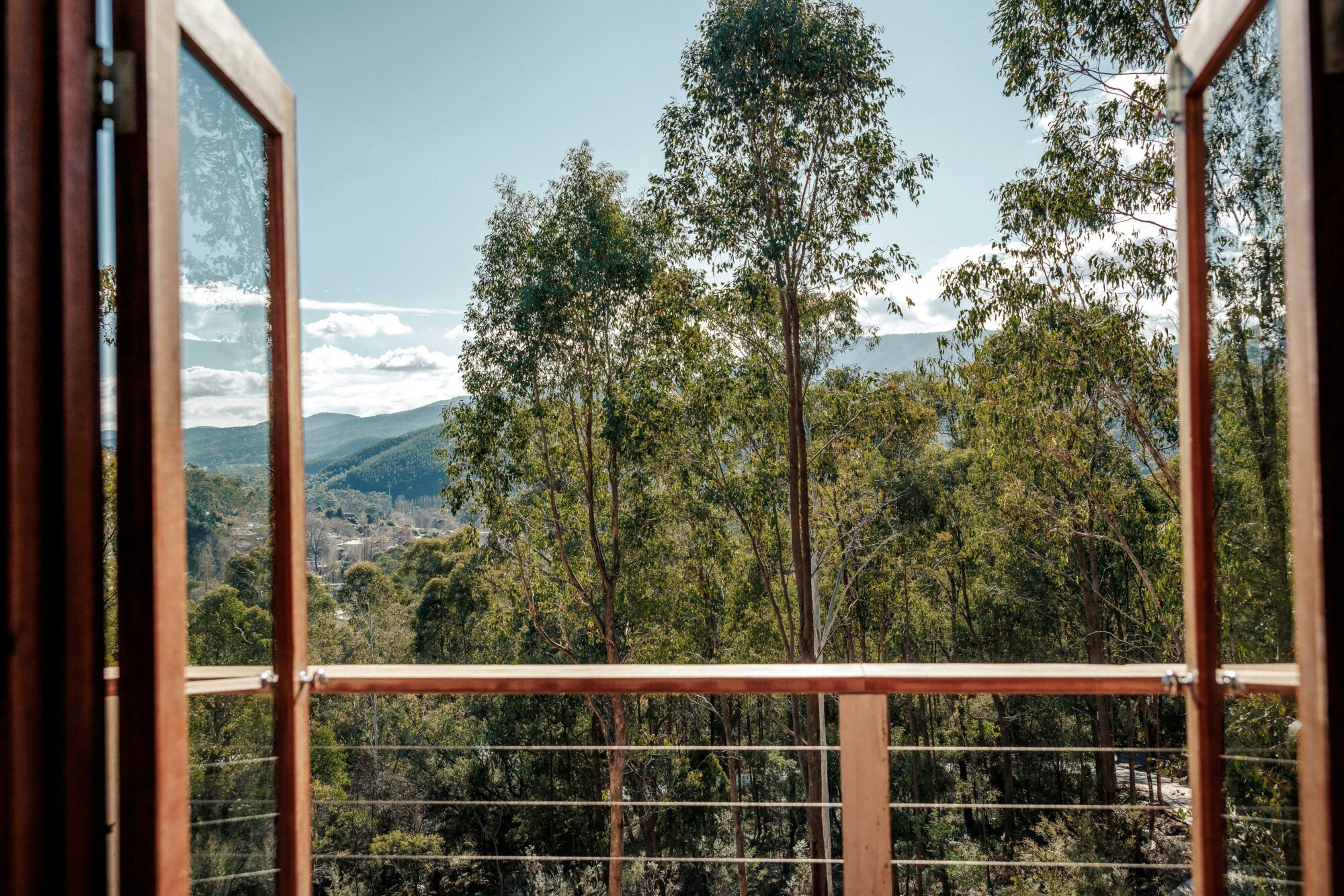 Studio 2 balcony view over surrounding bushland and down the Ovens Valley