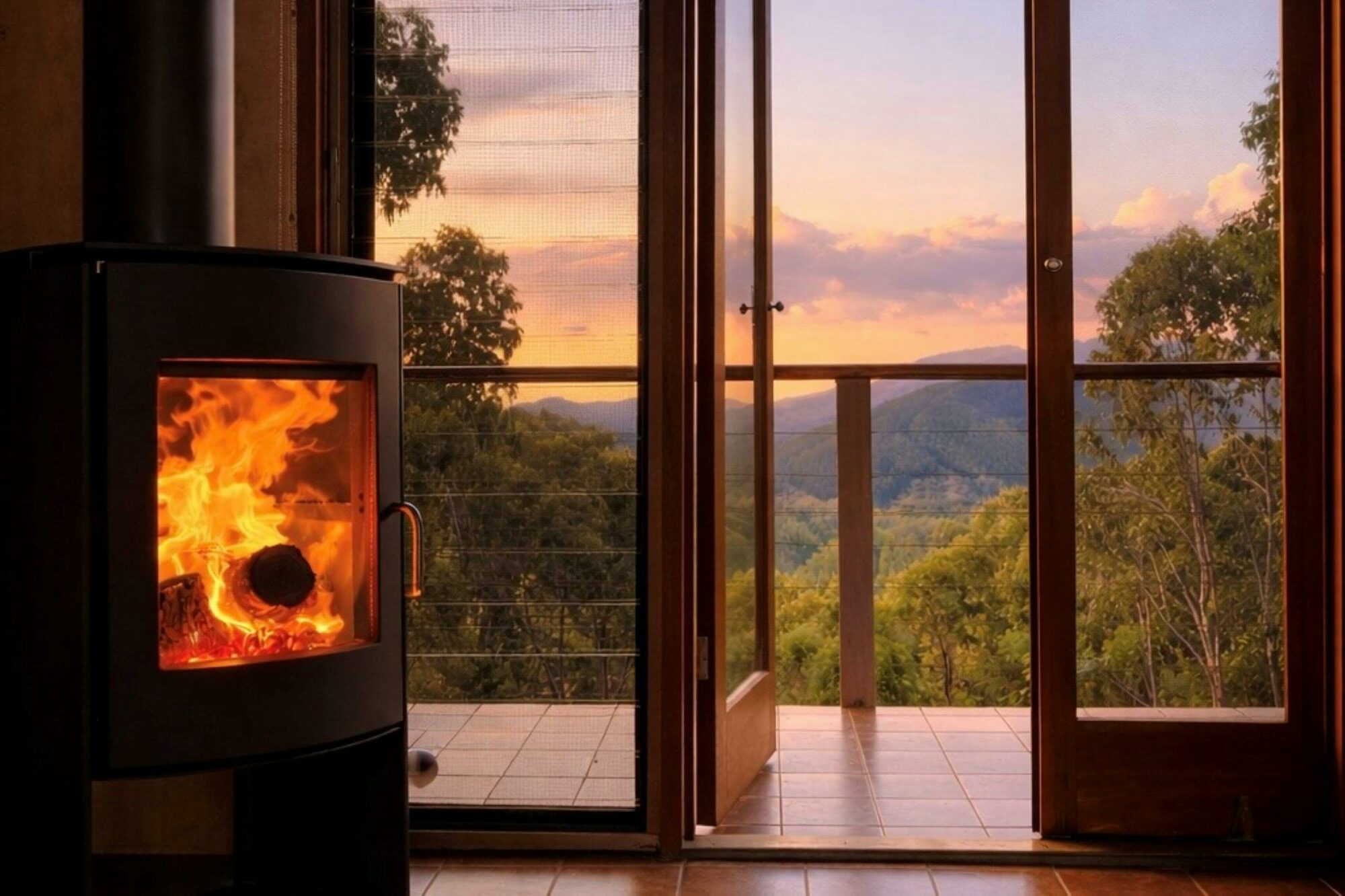 Fireplace in Treehouse 3 with sunset views across the valley and surrounding mountains