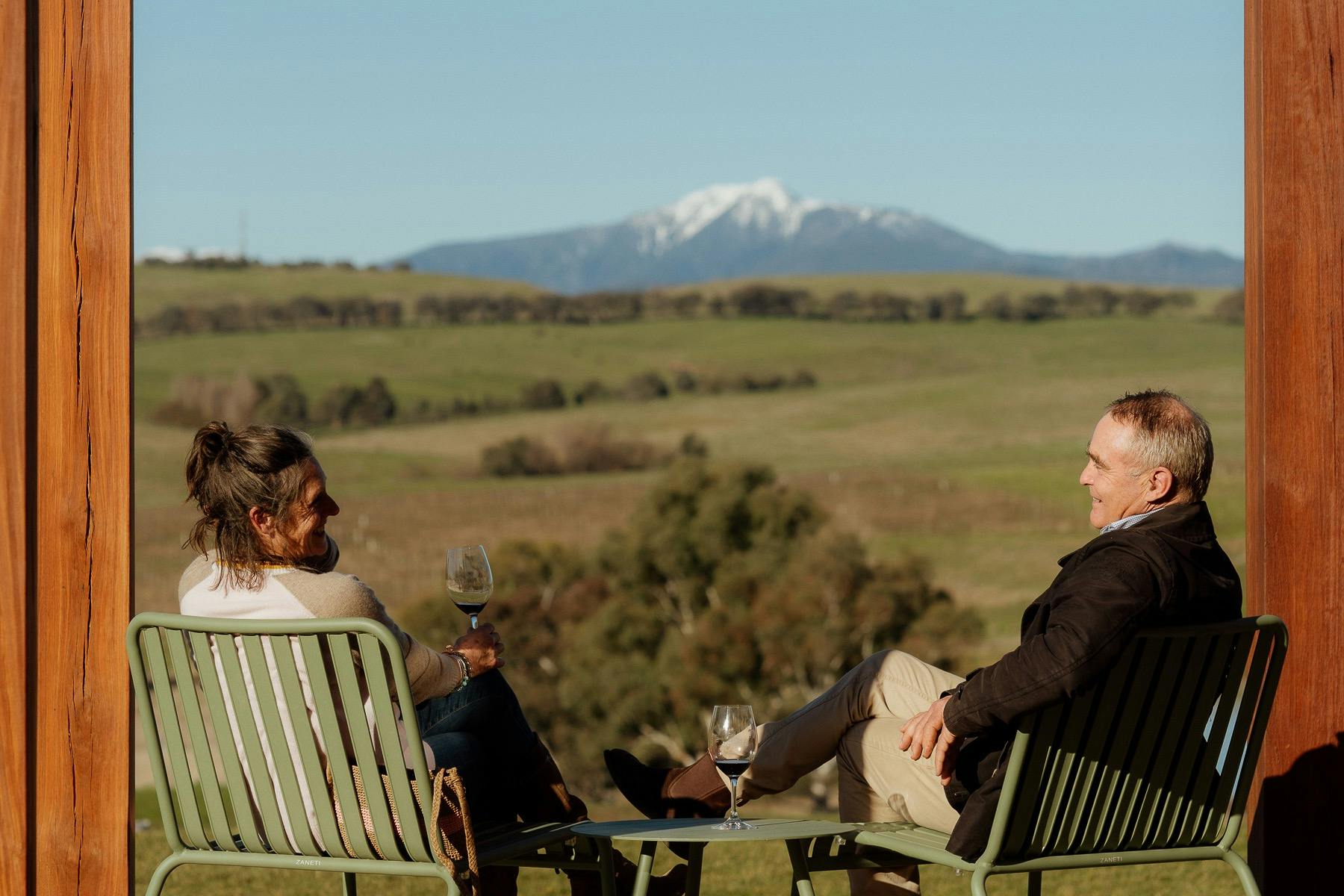 Two people sitting outside with a glass of wine