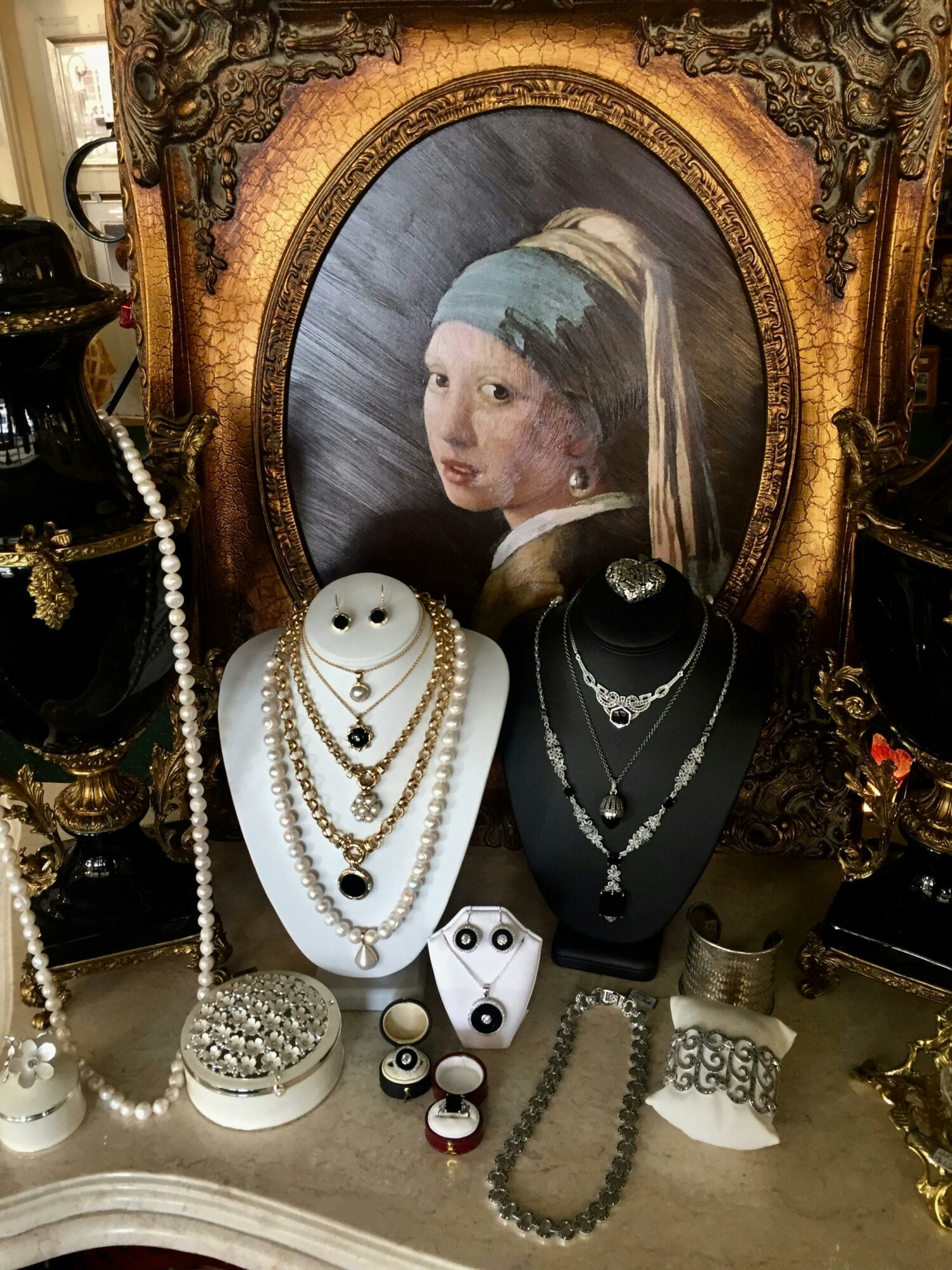 A display table at The Finer Things of Life with curated vintage jewellery