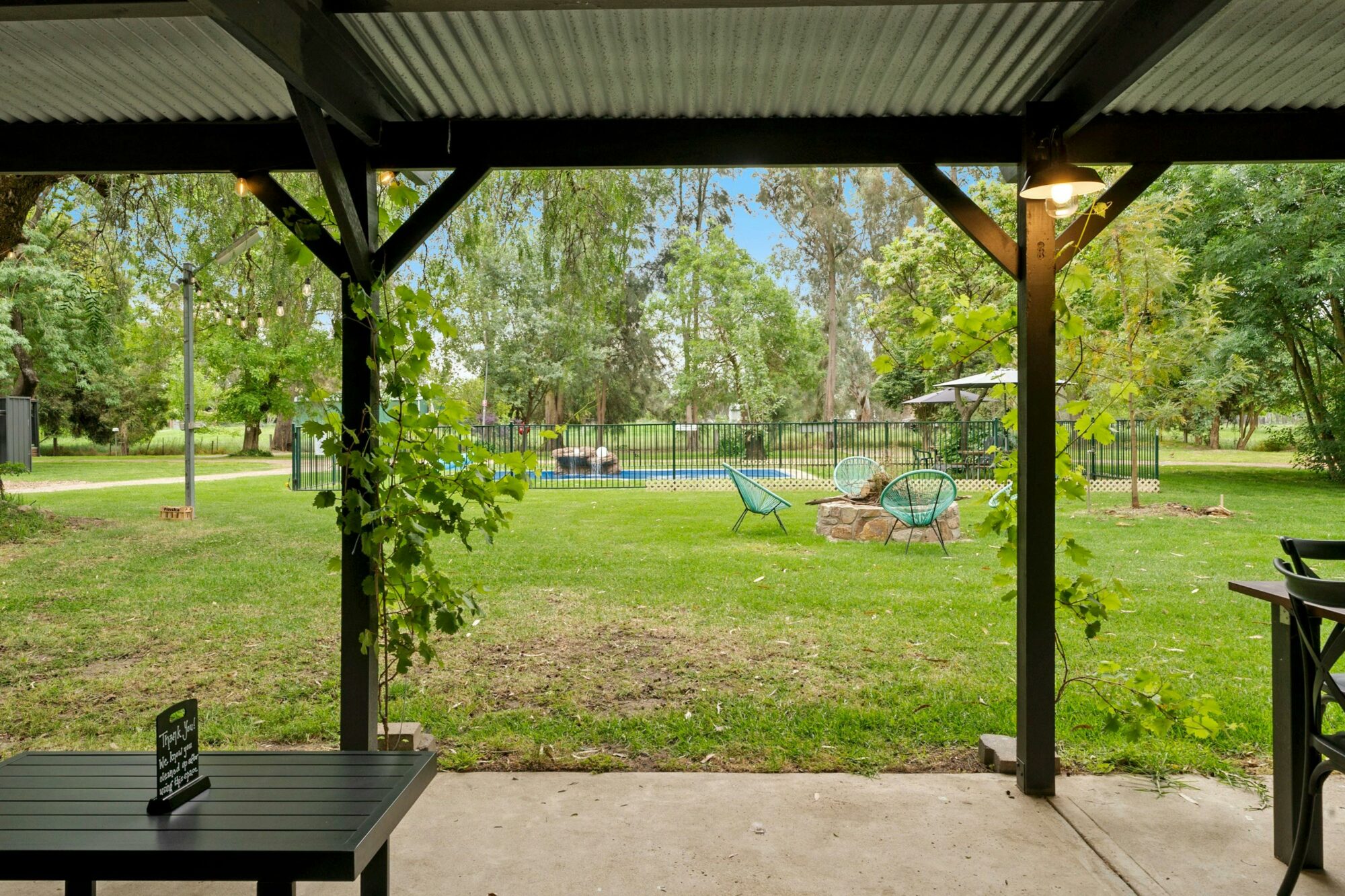 Looking out over the garden, fire pit and pool.  Grape vines and trees are visible.