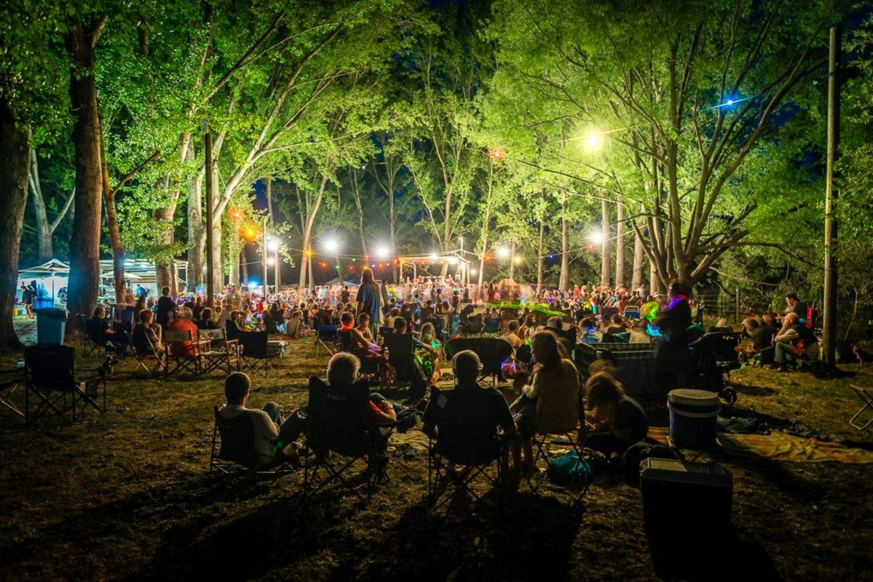 Nariel Creek Folk Festival under lights at the Nariel Creek Recreation Reserve at night time.