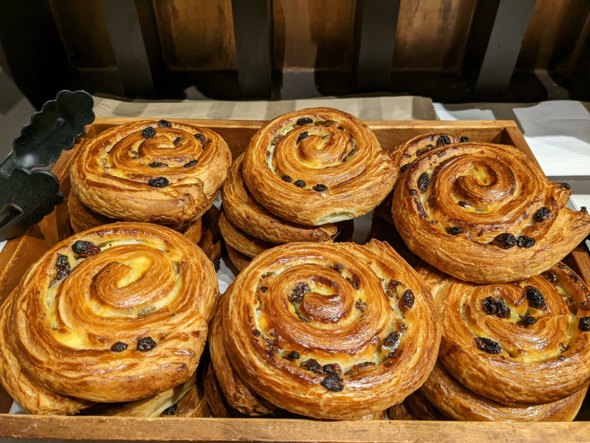 Our danish pastry rolled like a snail shell with custard and raisins