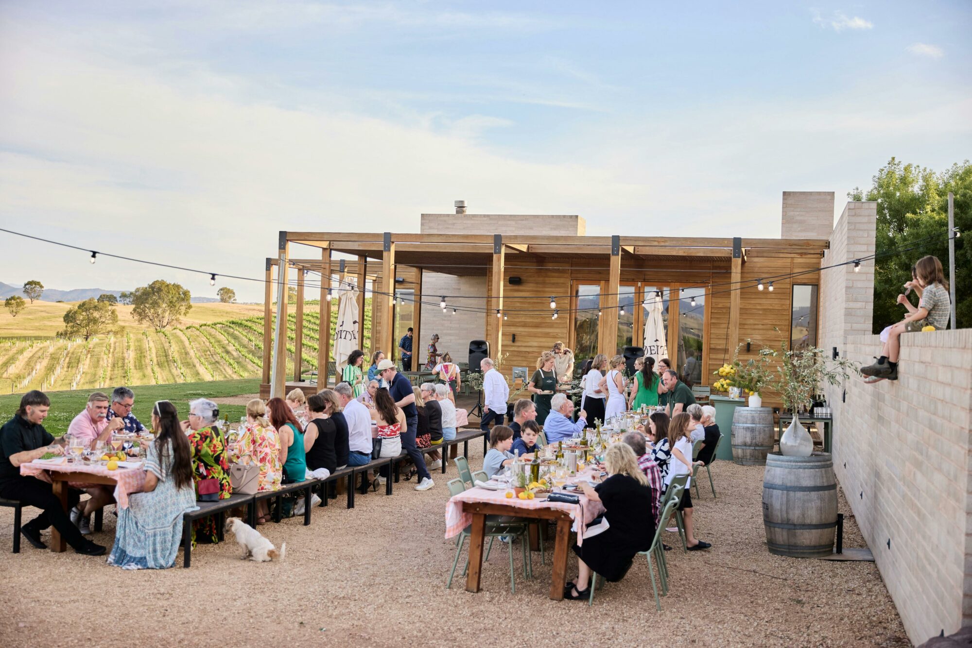 Two long tables with people sitting down, in front of a building