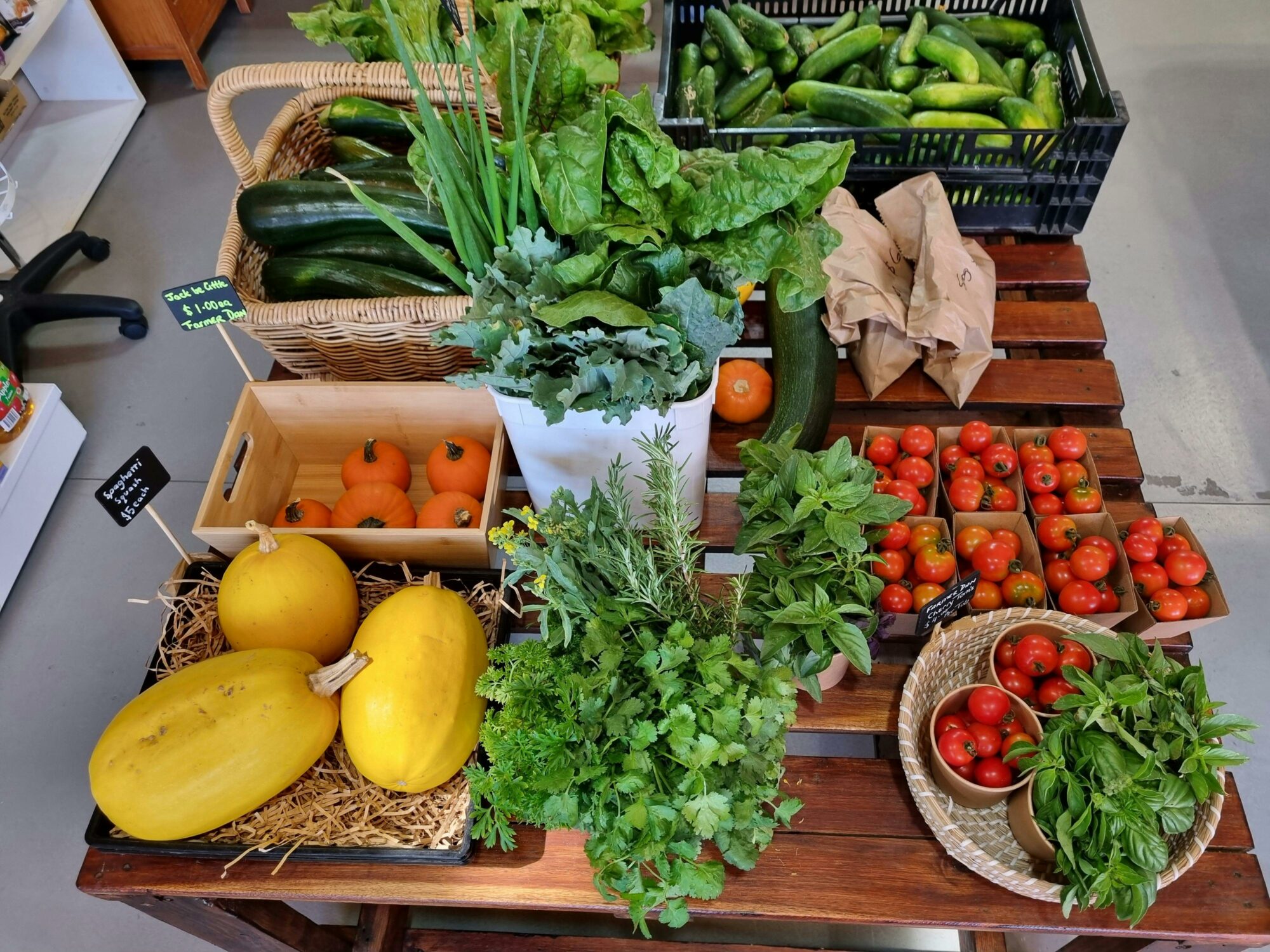 Table with fresh produce from Farmer Dan