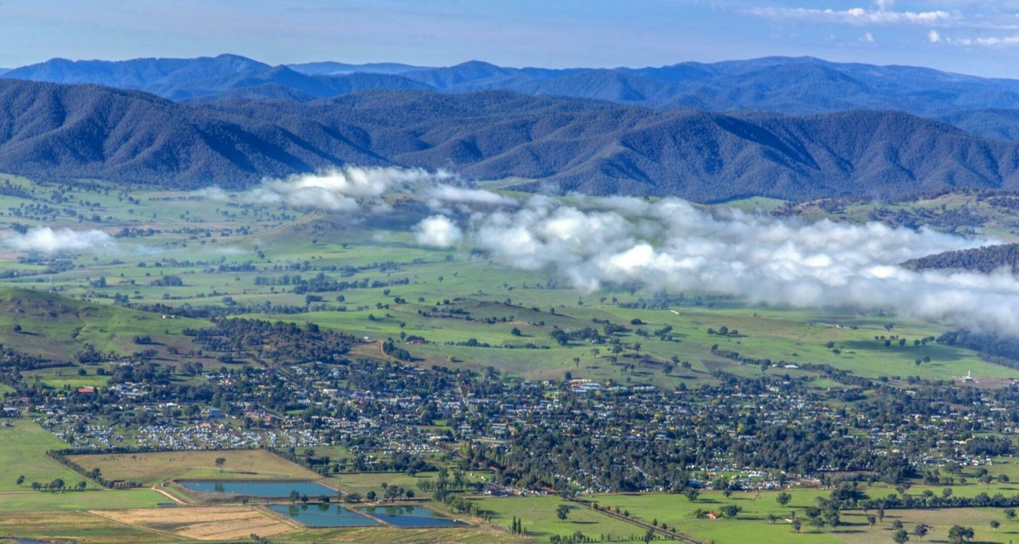 View looking down over the green valley of Corryong
