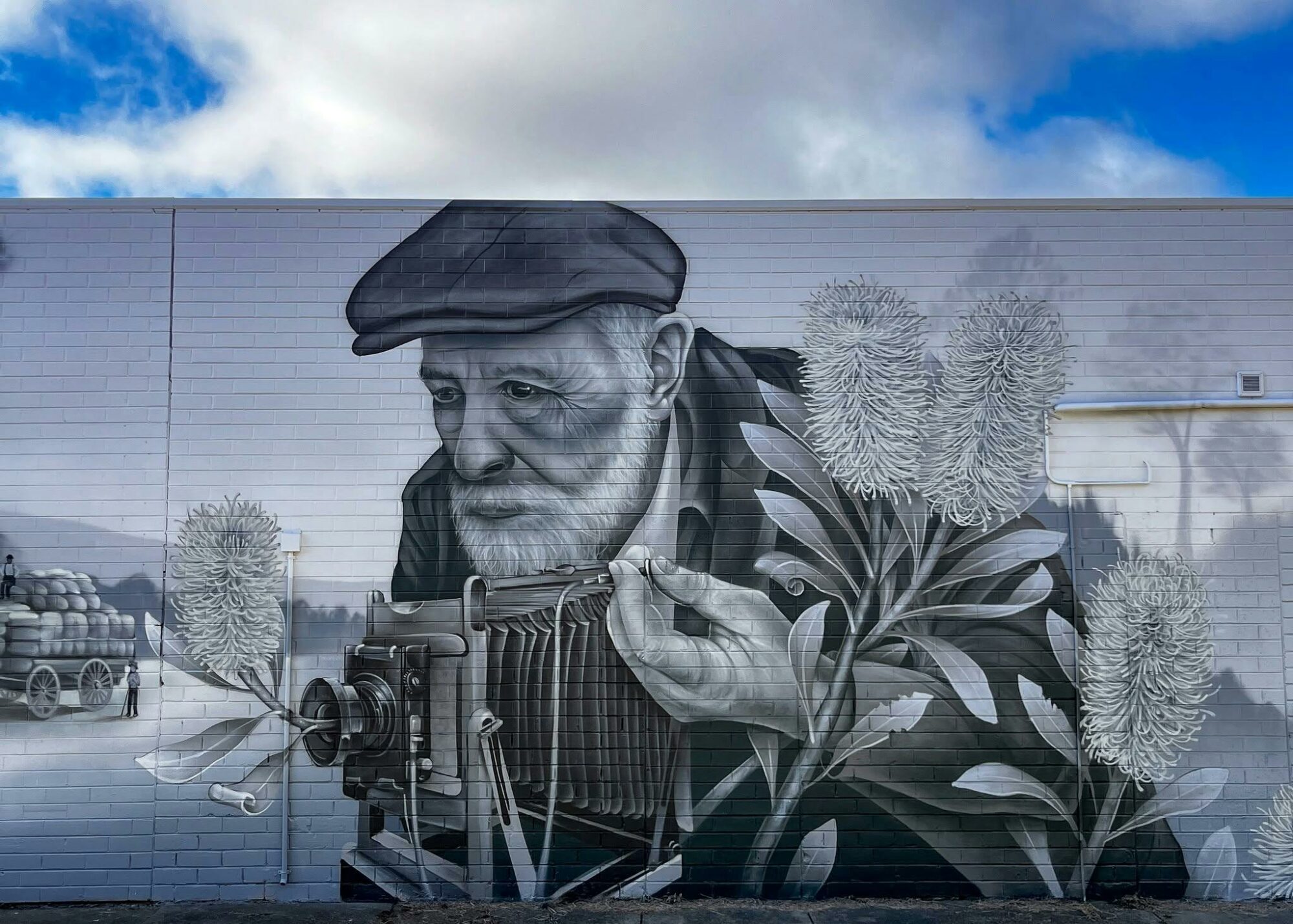 Mural of 'Honouring Arnold Playle' is monochrome, located in Corryong on the pharmacy wall