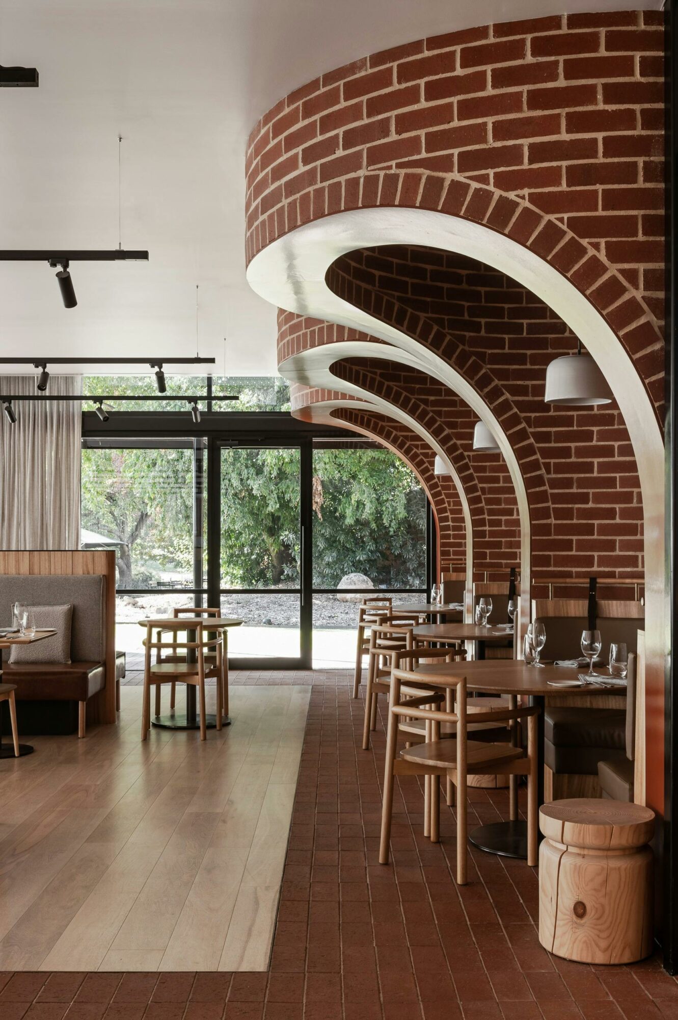 Restaurant interiors with tables and chairs set up