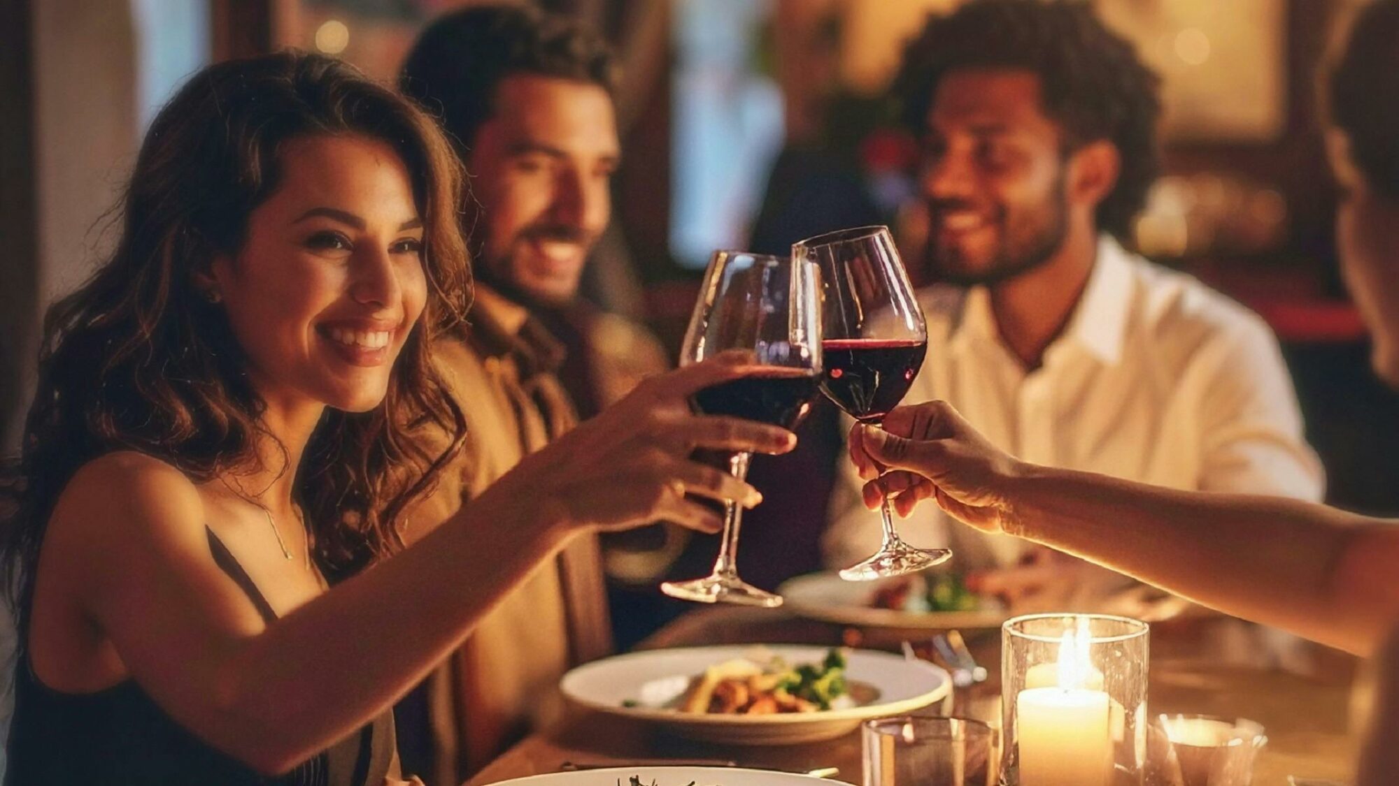 Clinking glasses between friend enjoying dinner