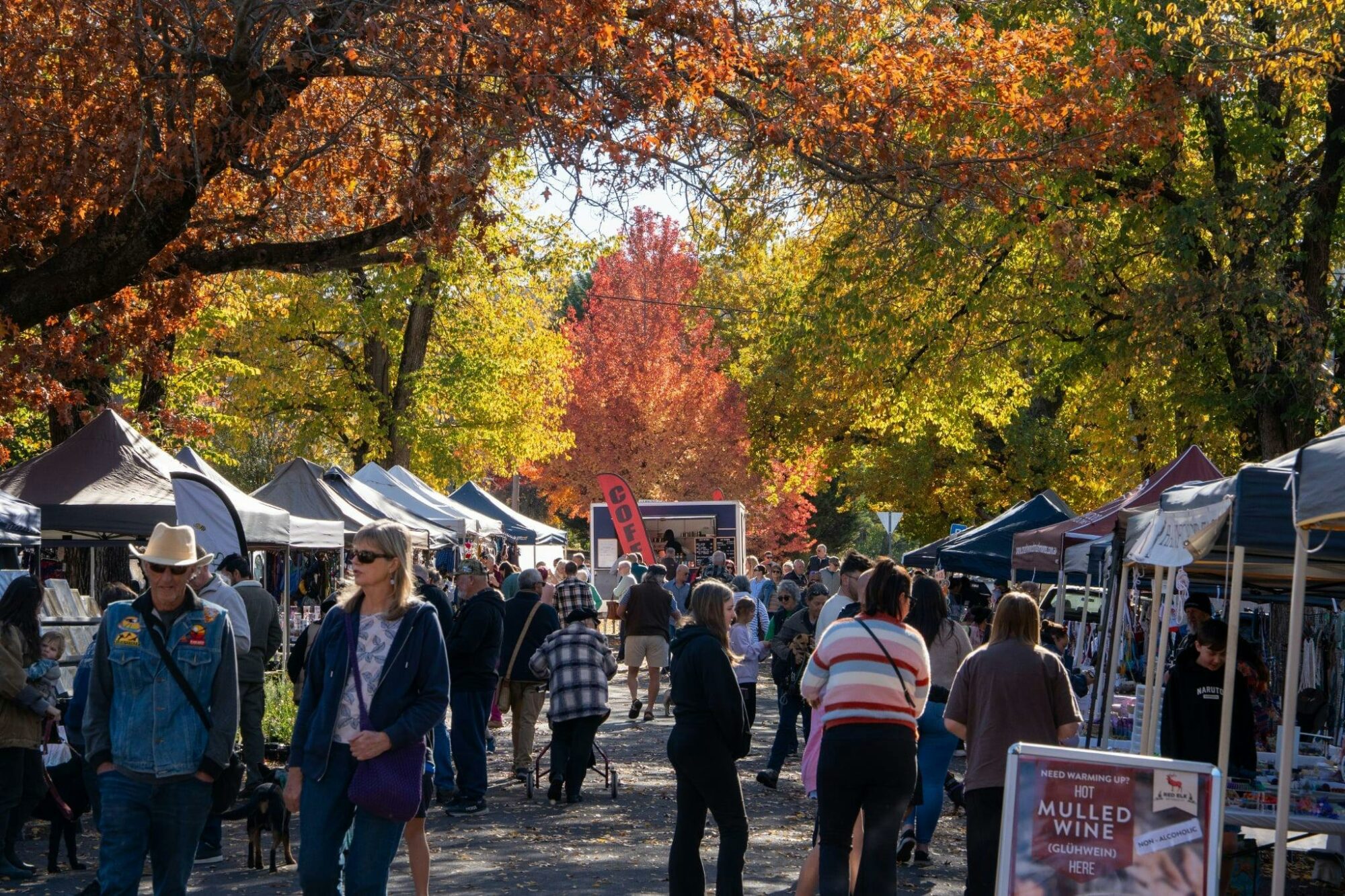 A crowd of people browsing market stalls . Orange and yellow Autumn leaves above.
