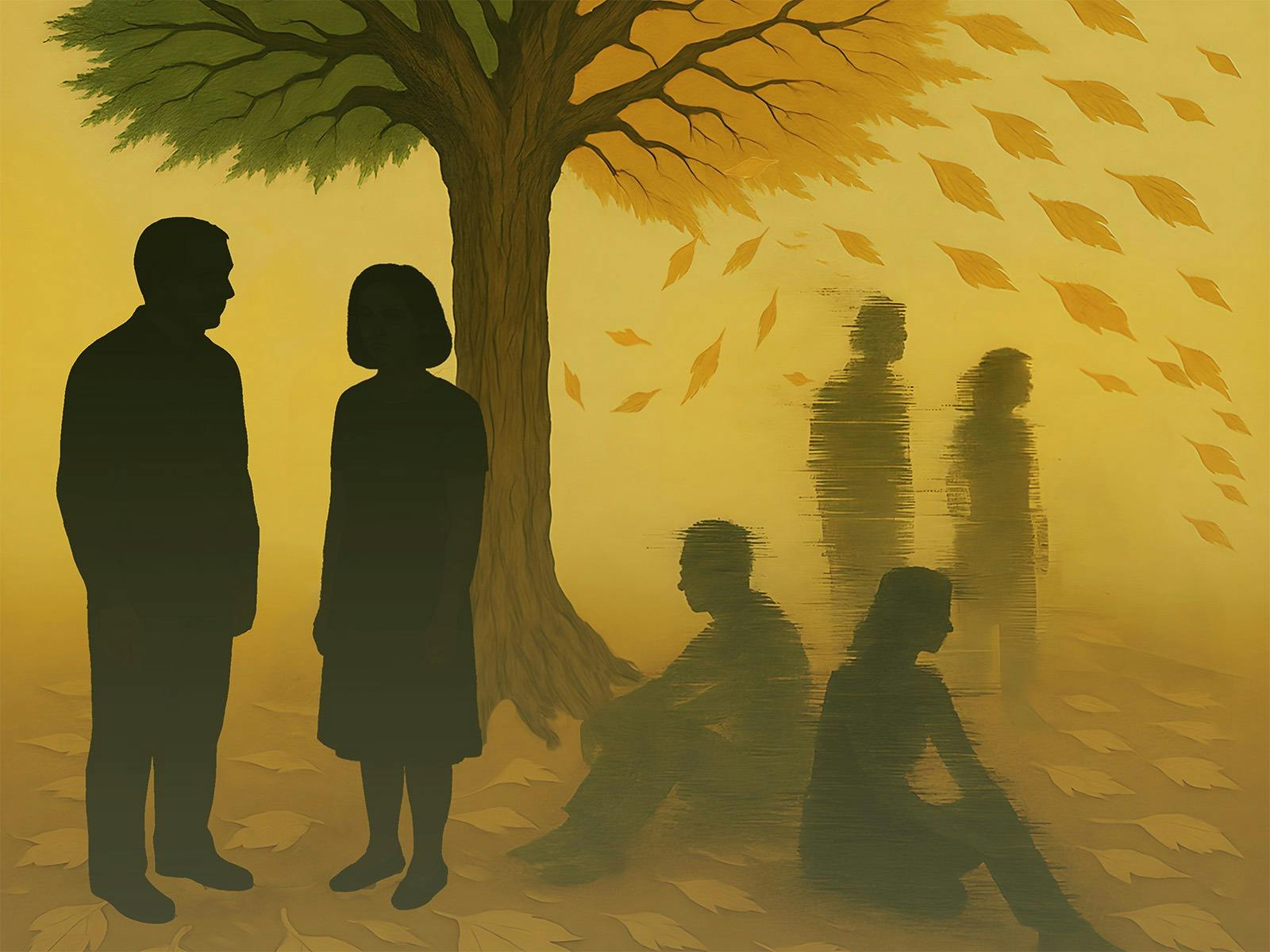 Silhouettes of an adult family unit against a backdrop of a tree half green, half autumnal