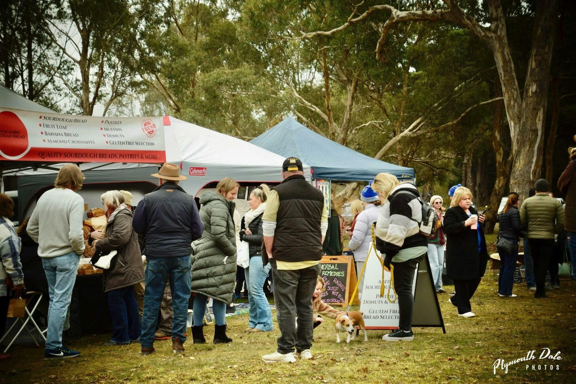 Some market visitors standing in front of market stalls.
